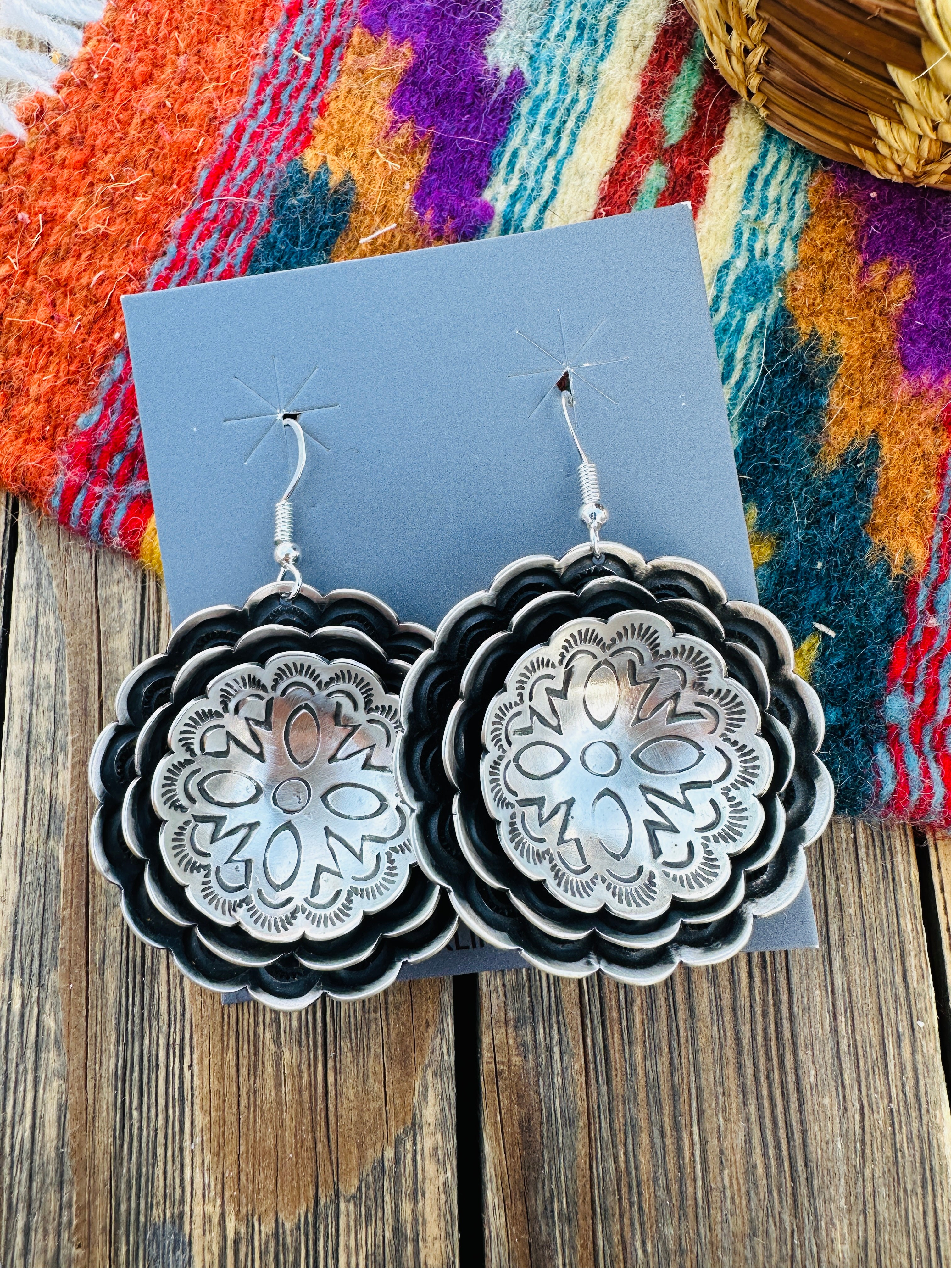 Handcrafted Sterling Silver Concho Dangle Earrings by Leander Tahe