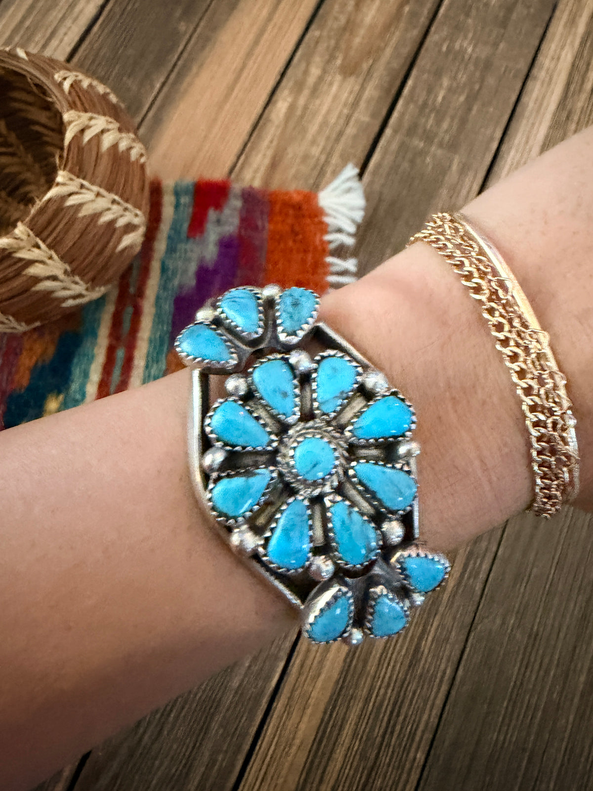 Handcrafted Old Pawn Sterling Silver & Turquoise Cluster Cuff Bracelet
