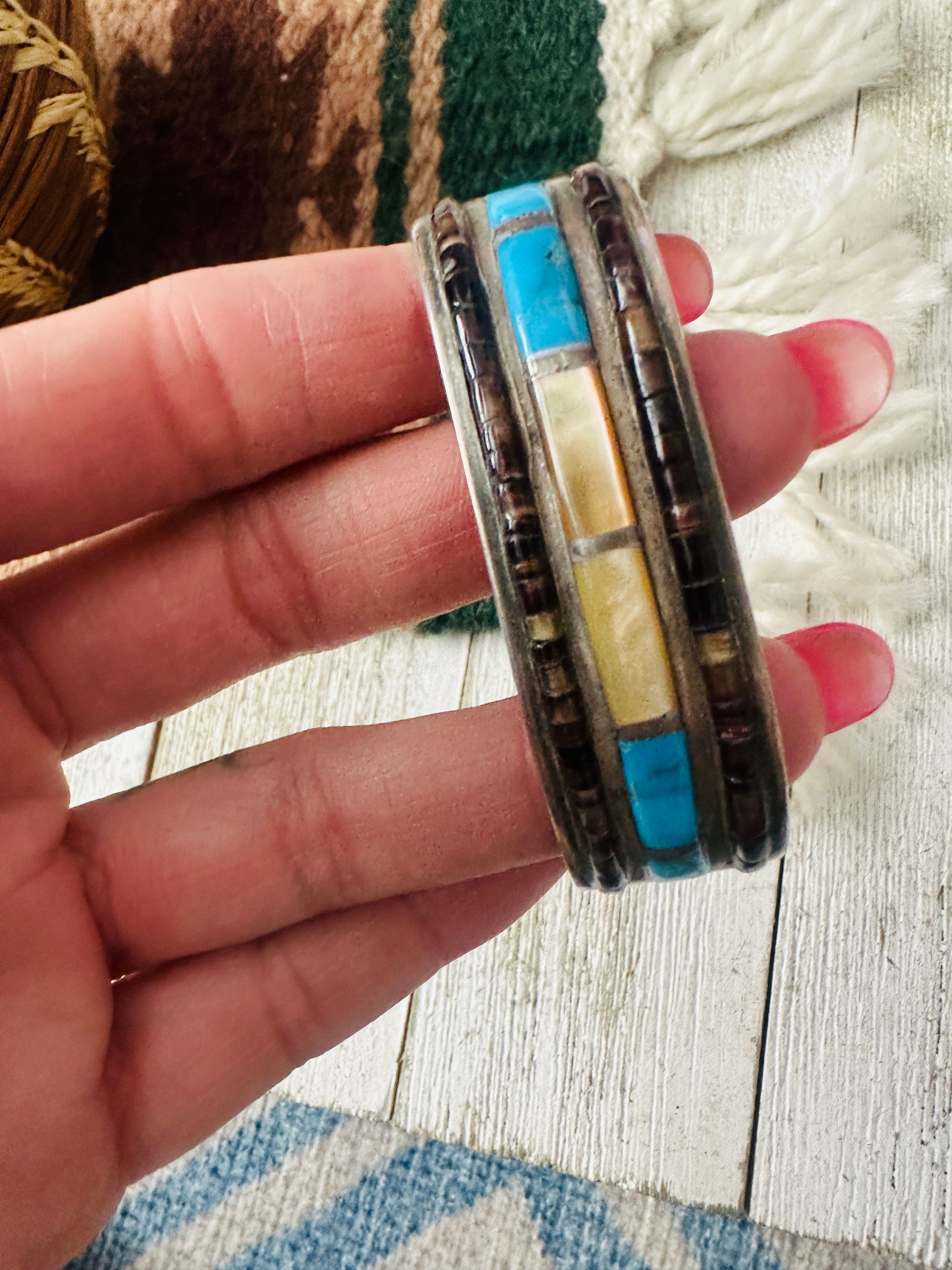 Handcrafted Old Pawn Multi Stone & Sterling Silver Inlay Cuff Bracelet /