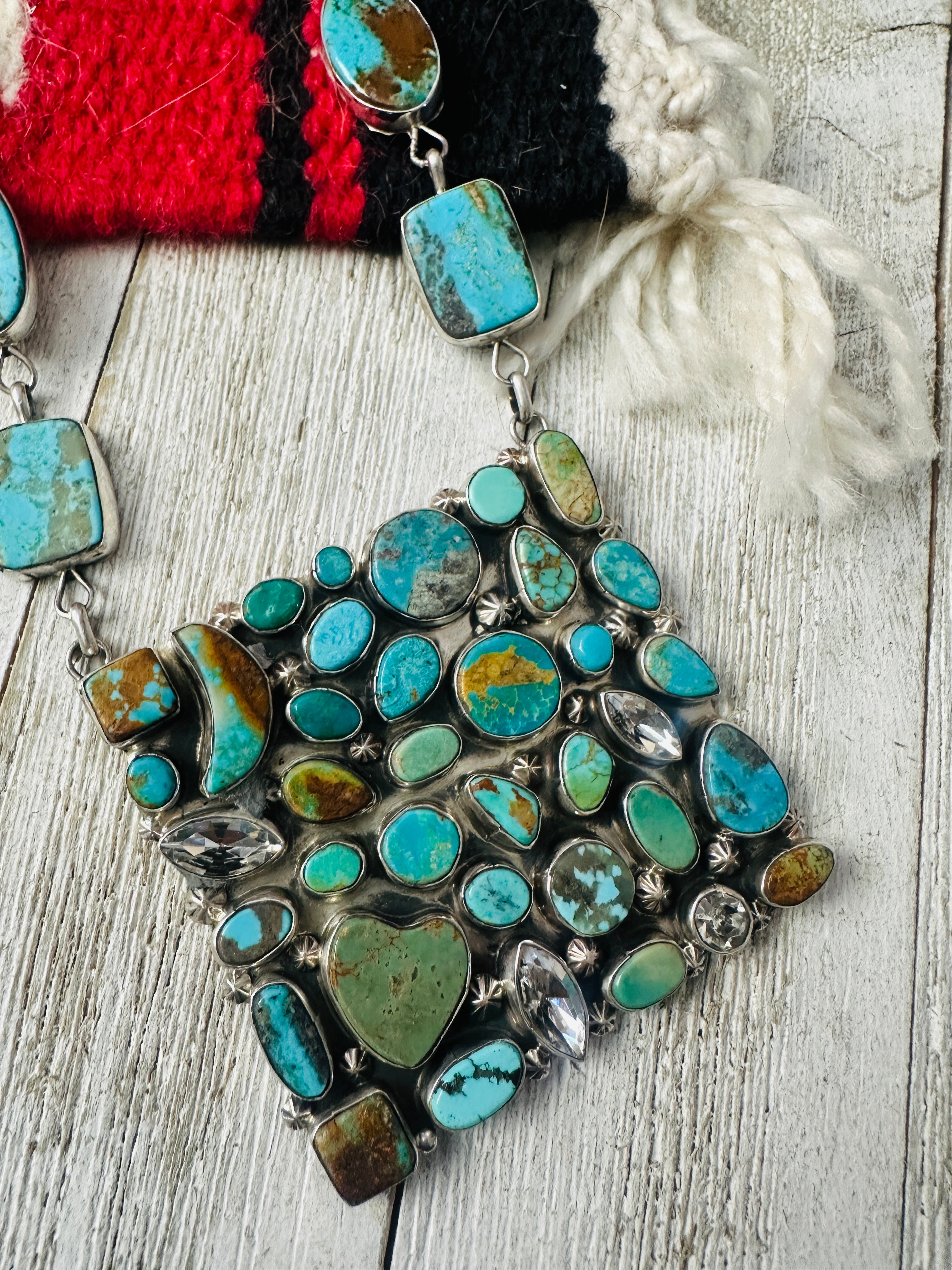 Handcrafted Royston Turquoise, CZ & Sterling Silver Cluster Necklace by Jacqueline Silver