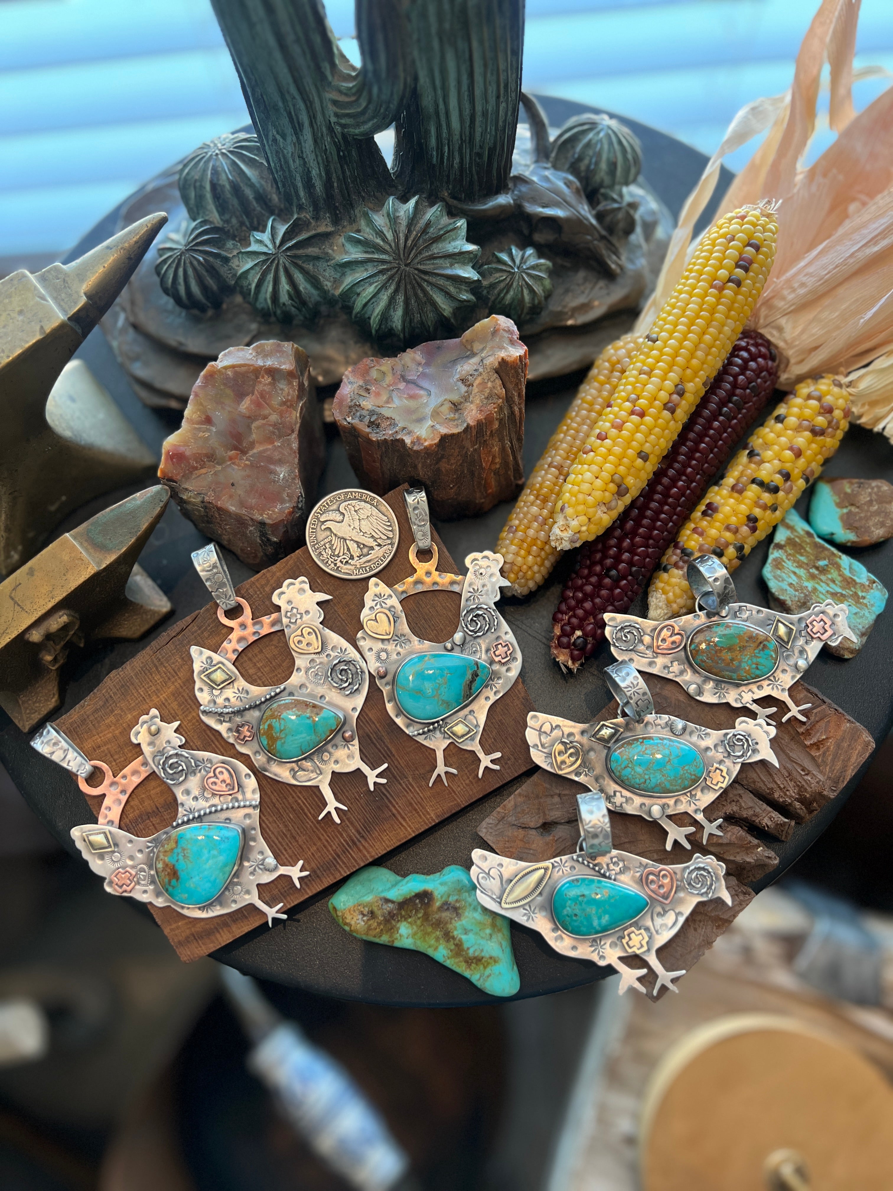 The Nizhoni Cluckers: Hand Stamped and Layered Sterling Silver, Brass, Copper & Kingman Turquoise Chicken Pendants by Kimari Somers