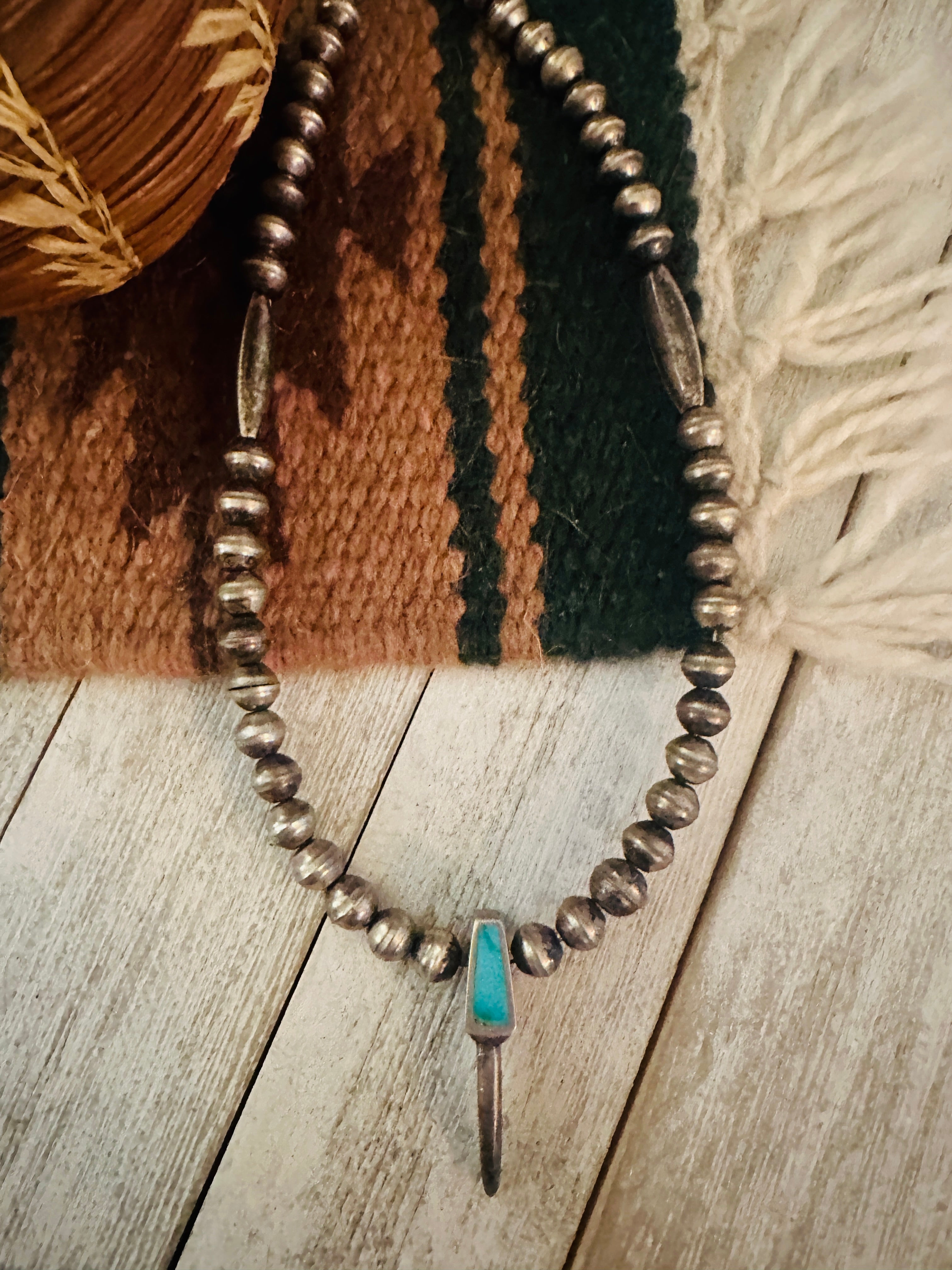 Vintage Old Pawn Navajo Turquoise & Sterling Silver Beaded Necklace