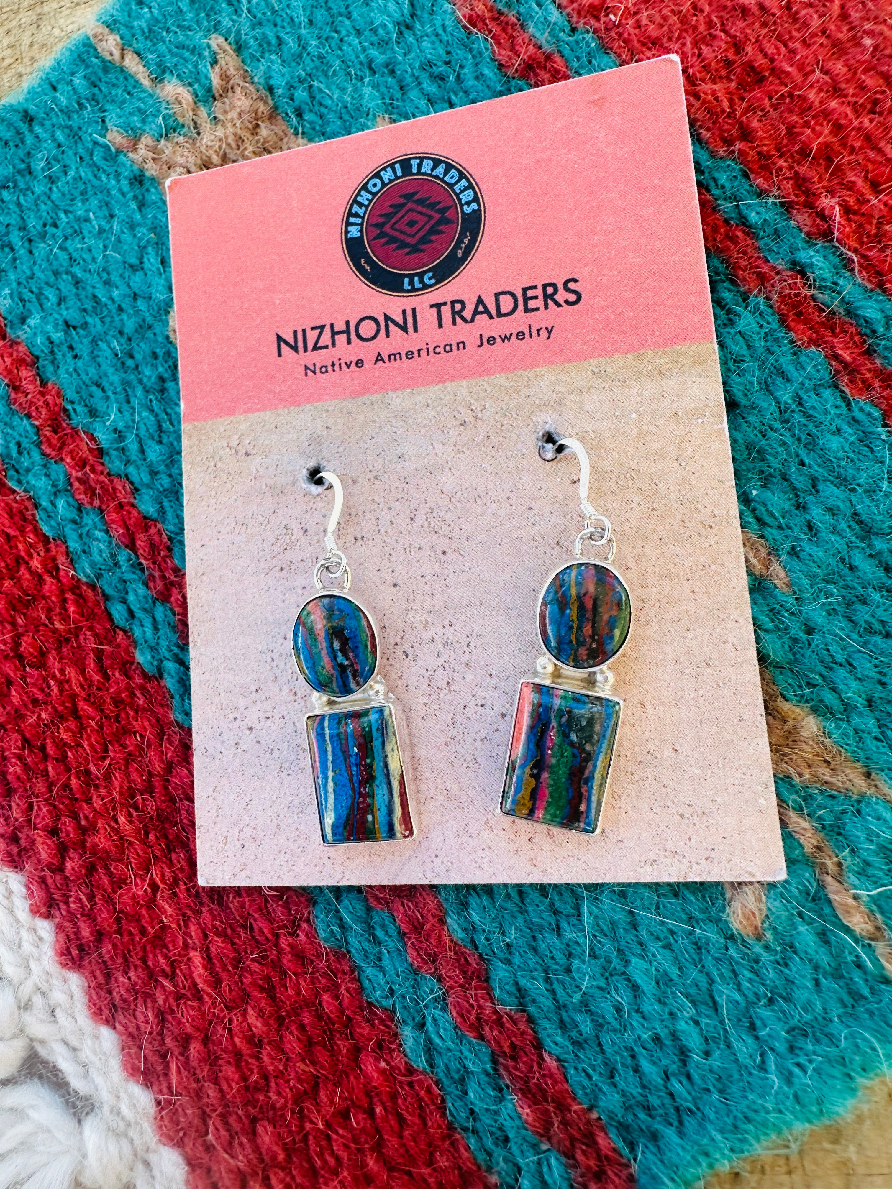 Navajo Rainbow Calsilica & Sterling Silver Dangle Earrings