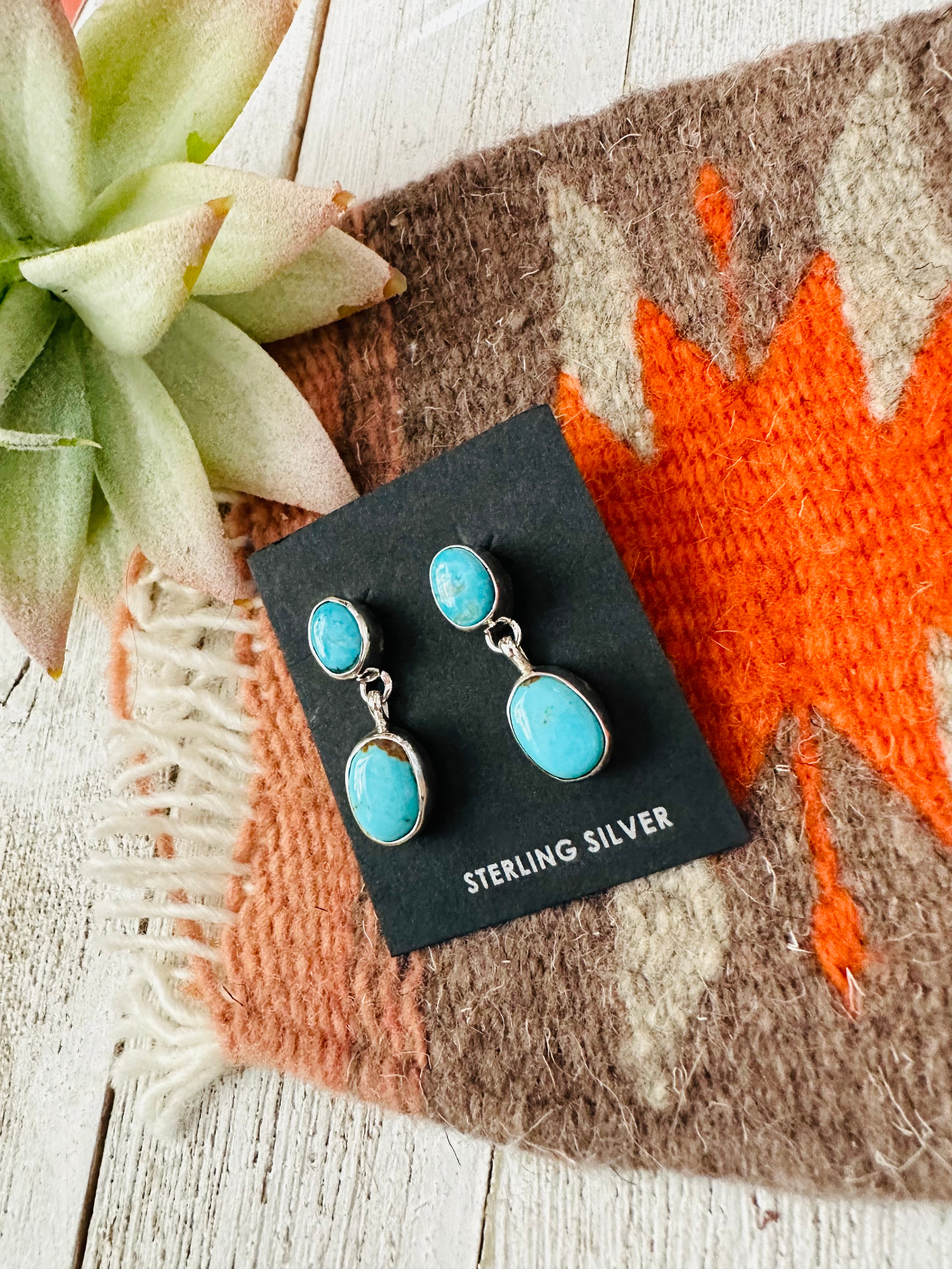 Navajo Turquoise and Sterling Silver Two Stone  Dangle Earrings