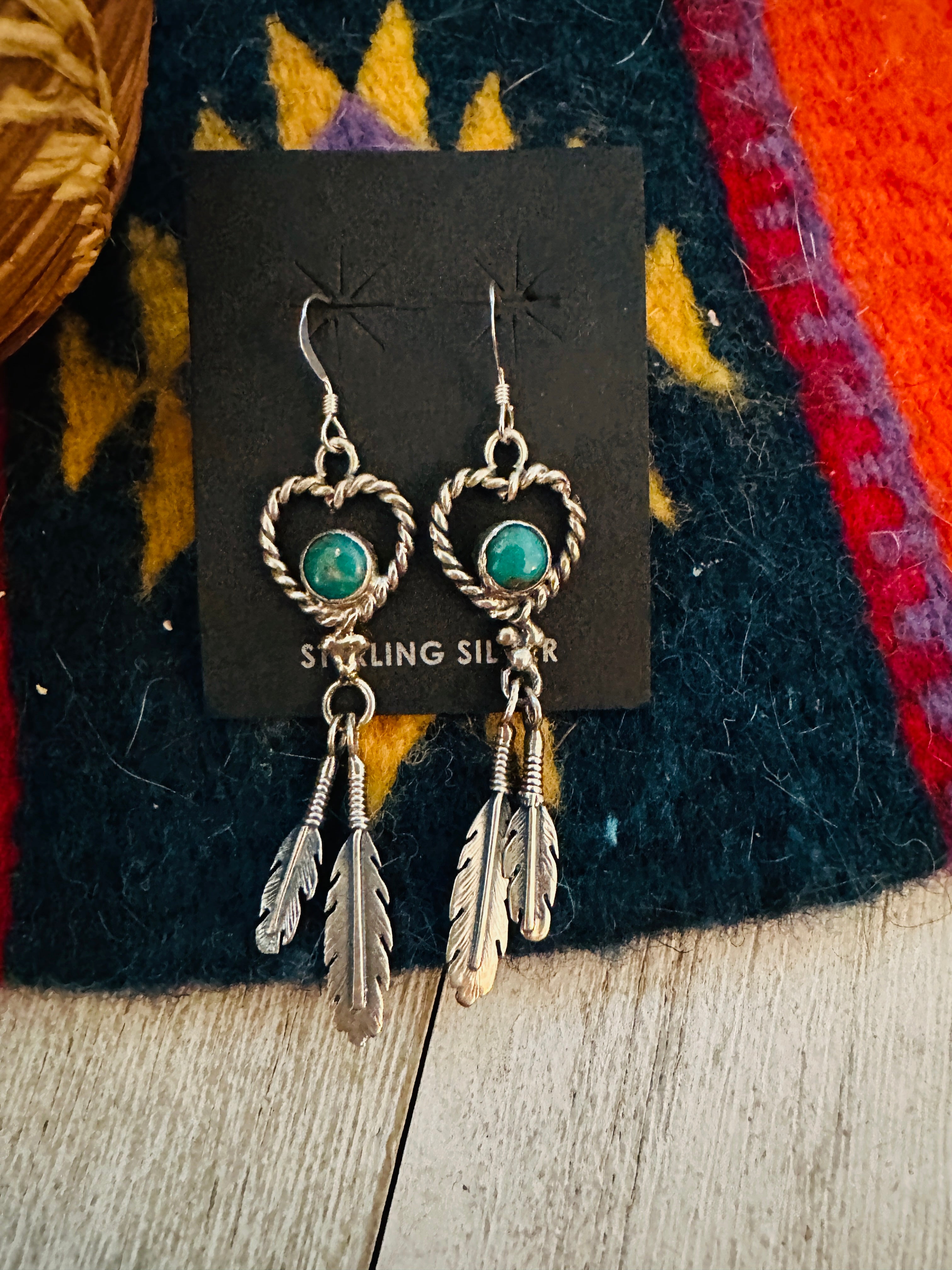 Navajo Turquoise & Sterling Silver Heart Feather Dangle Earrings