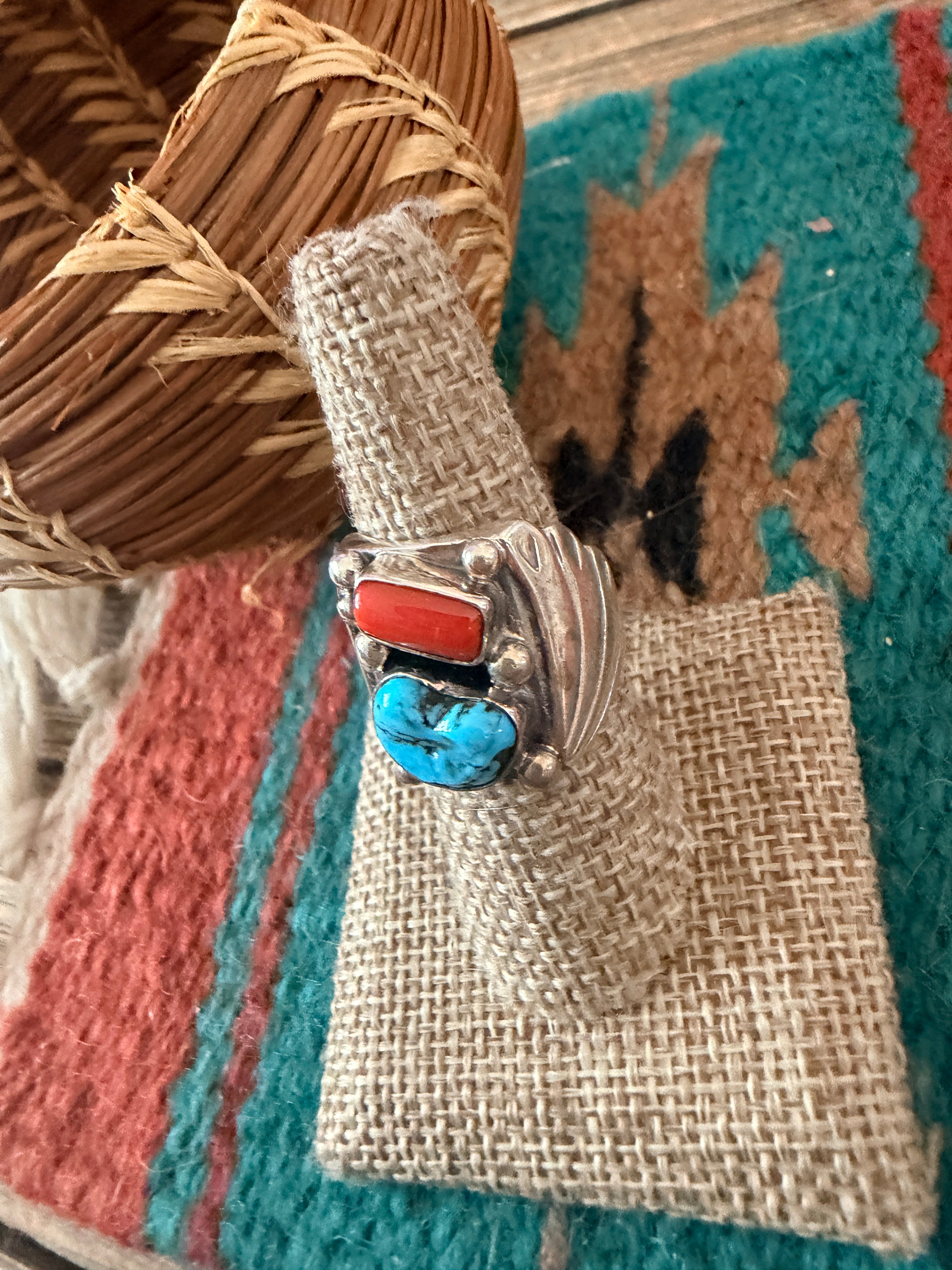 Handcrafted Turquoise, Coral & Sterling Silver Ring