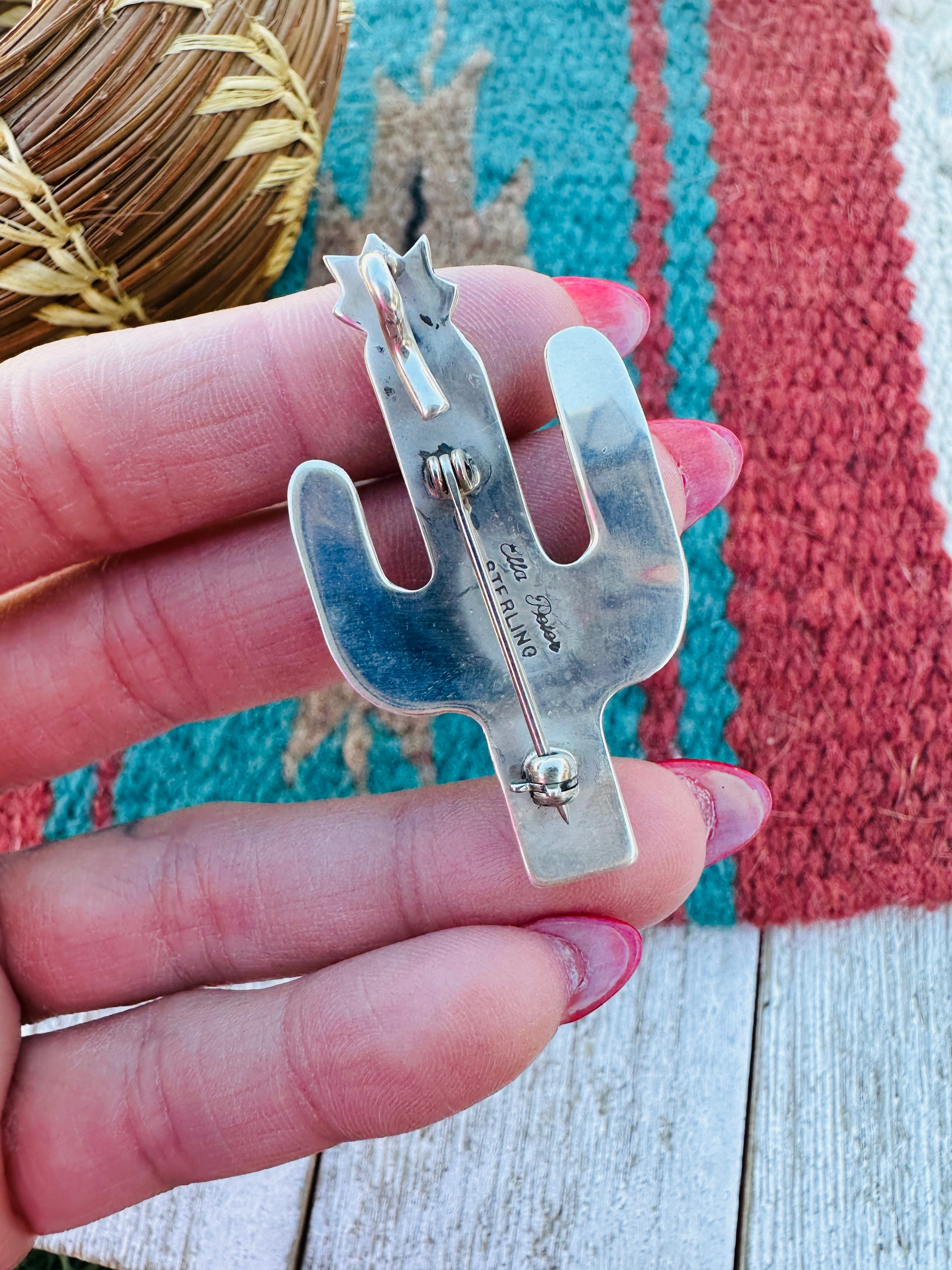 Handcrafted Sterling Silver & Malachite Cactus Brooch by Ella Peter