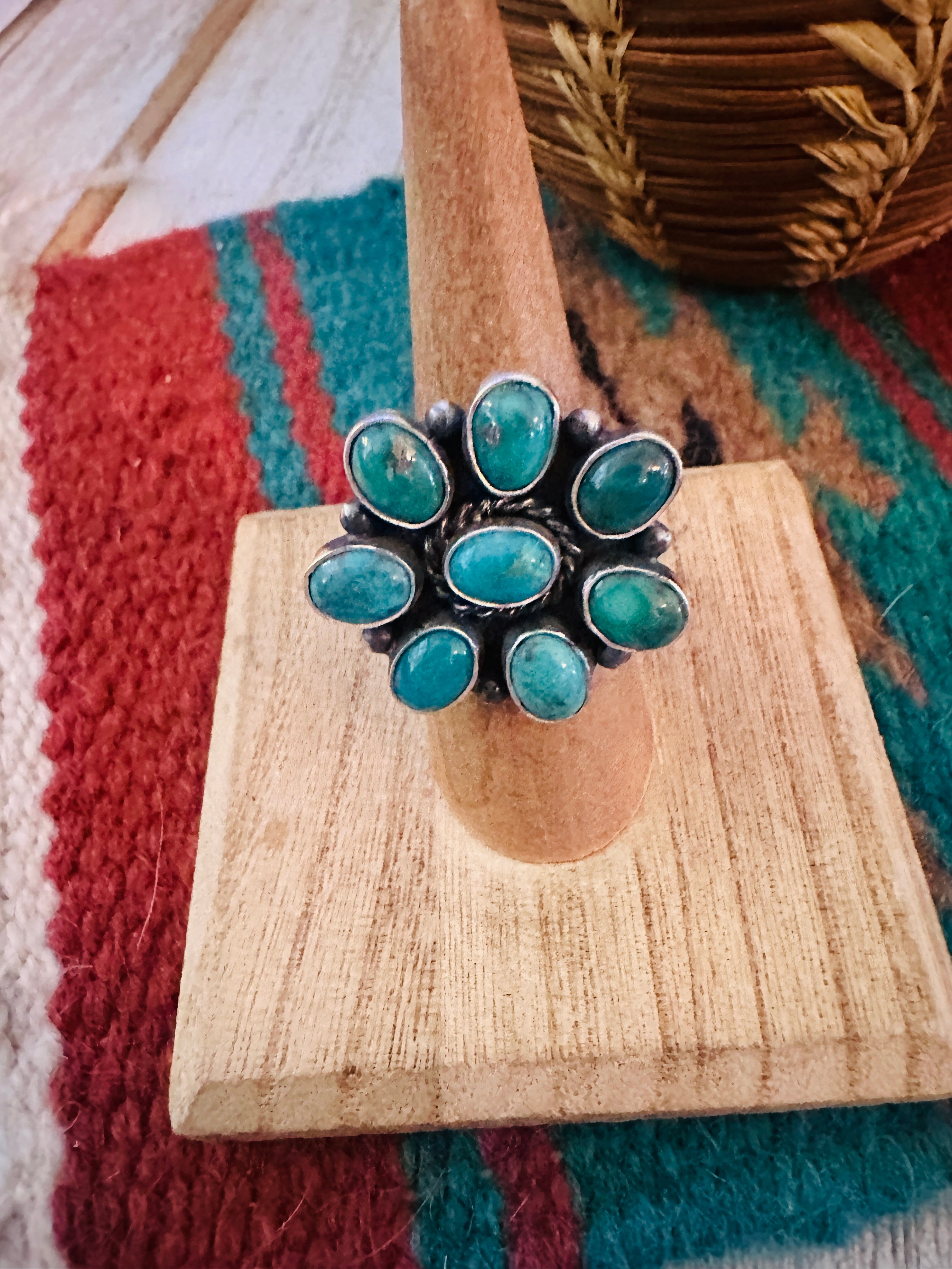 Navajo Sterling Silver & Turquoise Cluster Adjustable Ring