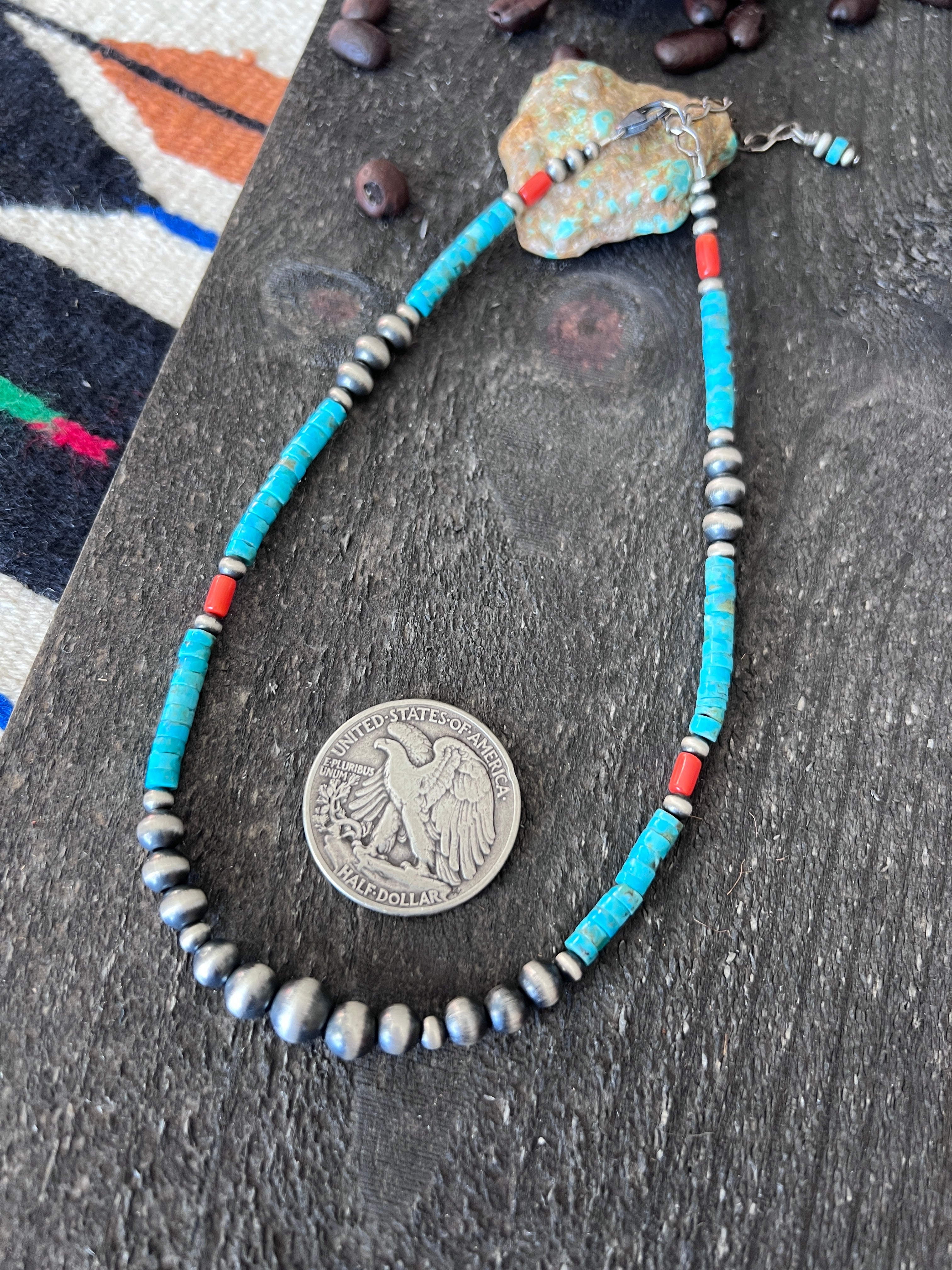 Bohemian Bliss Beaded Choker with Sterling Silver, Mediterranean Coral and Turquoise, 14” + 2”