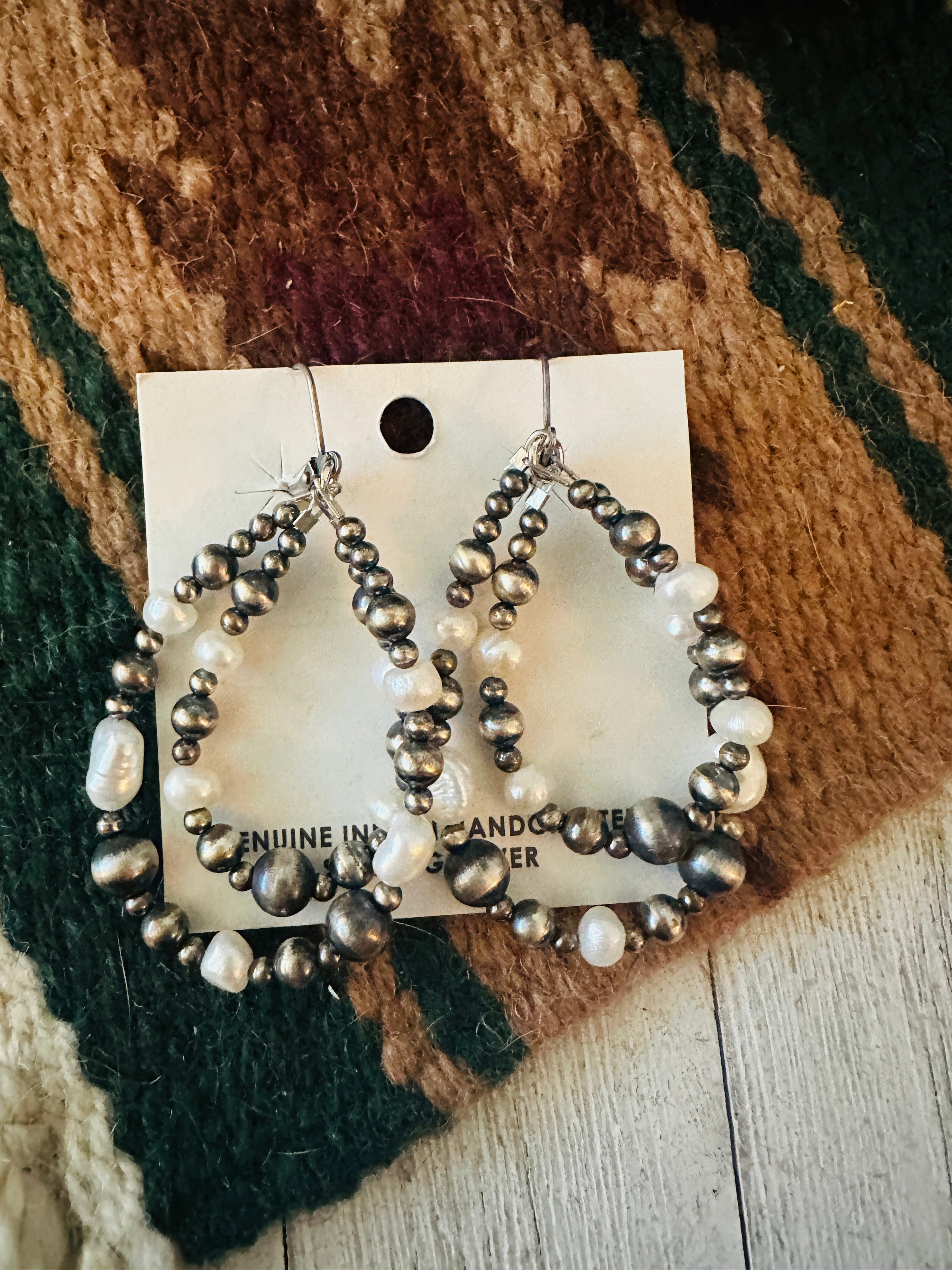 Navajo Natural Pearl & Sterling Silver Beaded Double Hoop Dangle Earrings