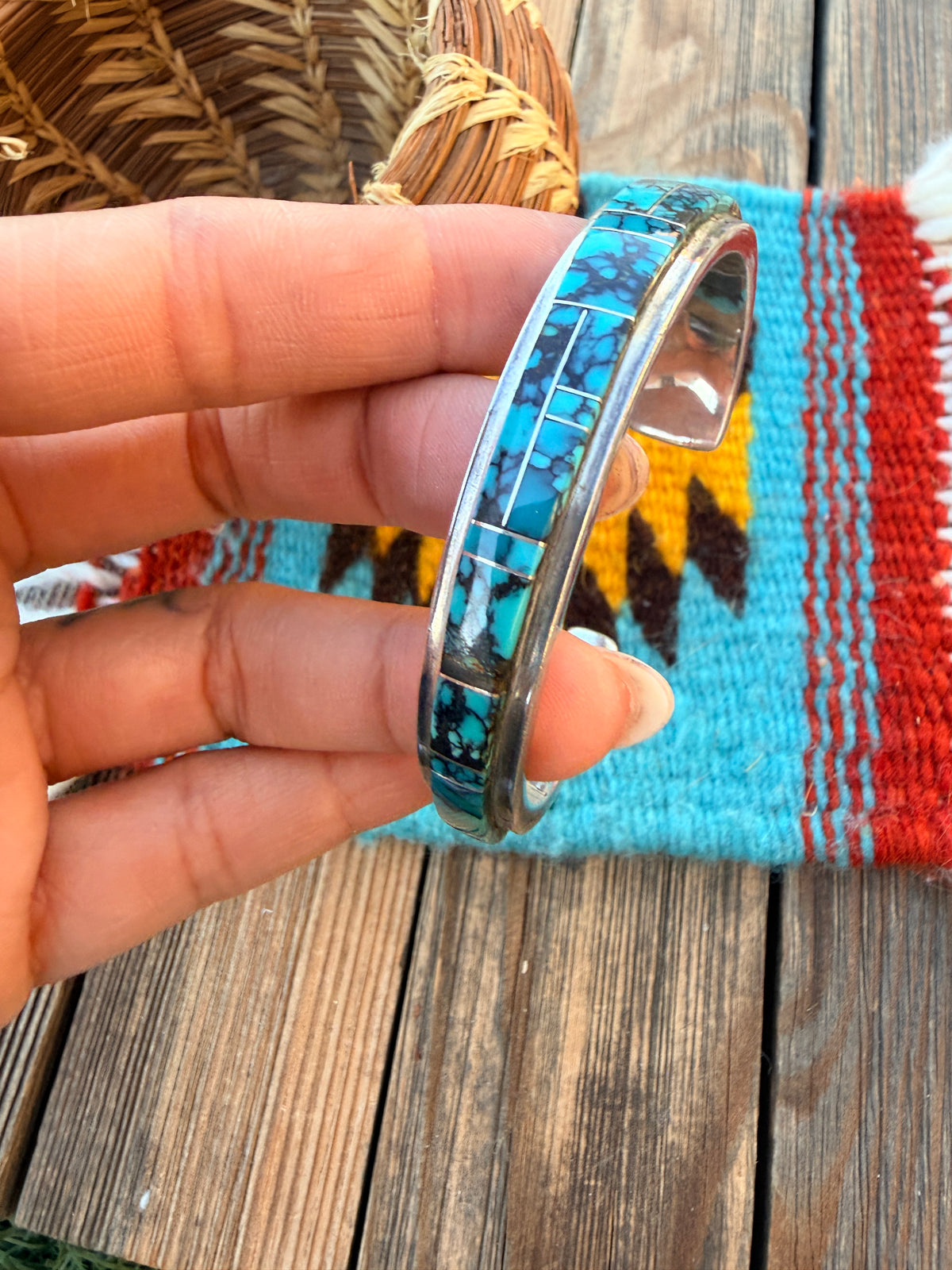 Handcrafted Old Pawn Sterling Silver & Turquoise Inlay Cuff Bracelet