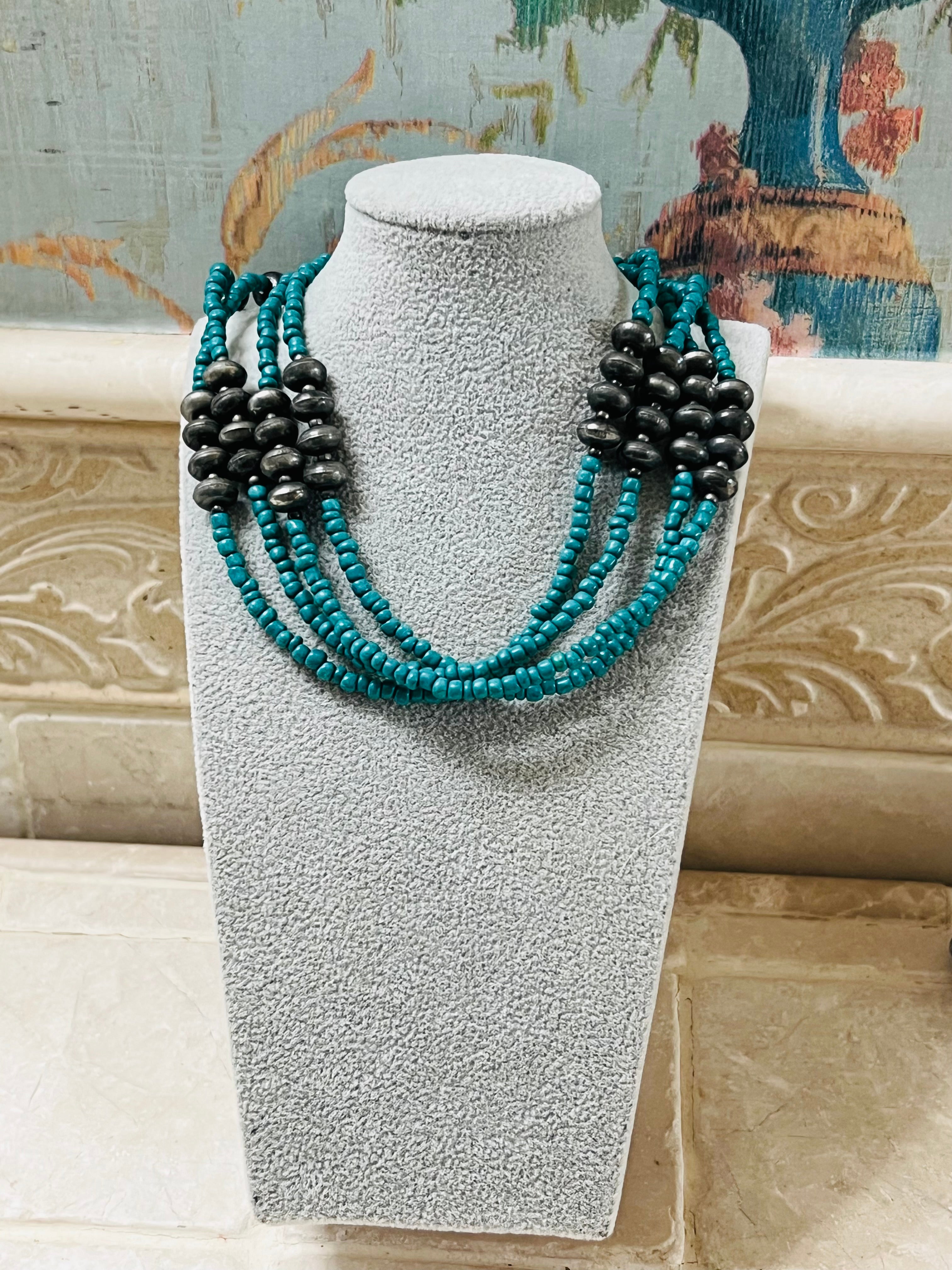 Vintage 4 Strand Turquoise Colored Beaded Necklace