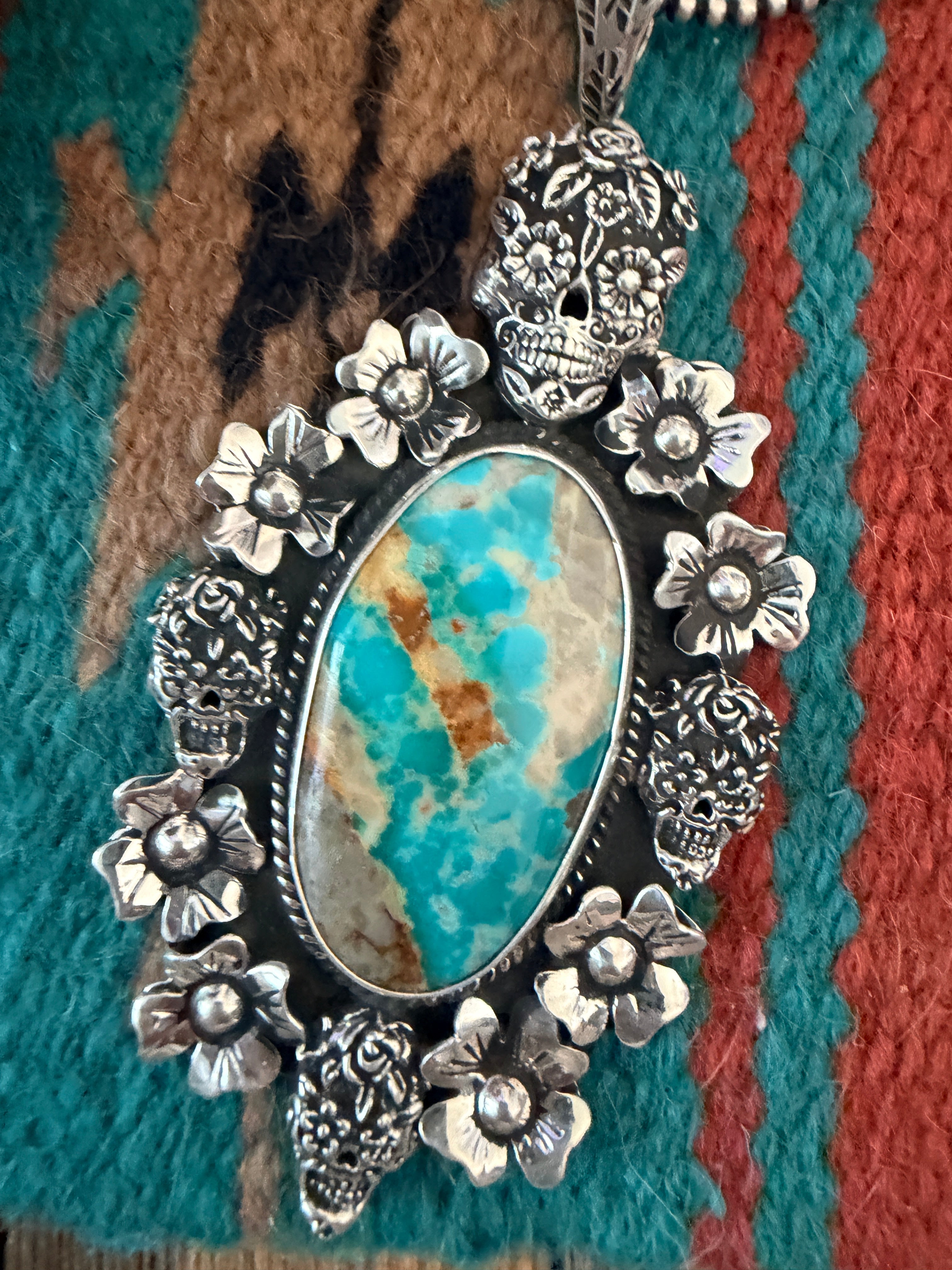 Handmade Sterling Silver & Turquoise Skull Pendant by Jesus Vega