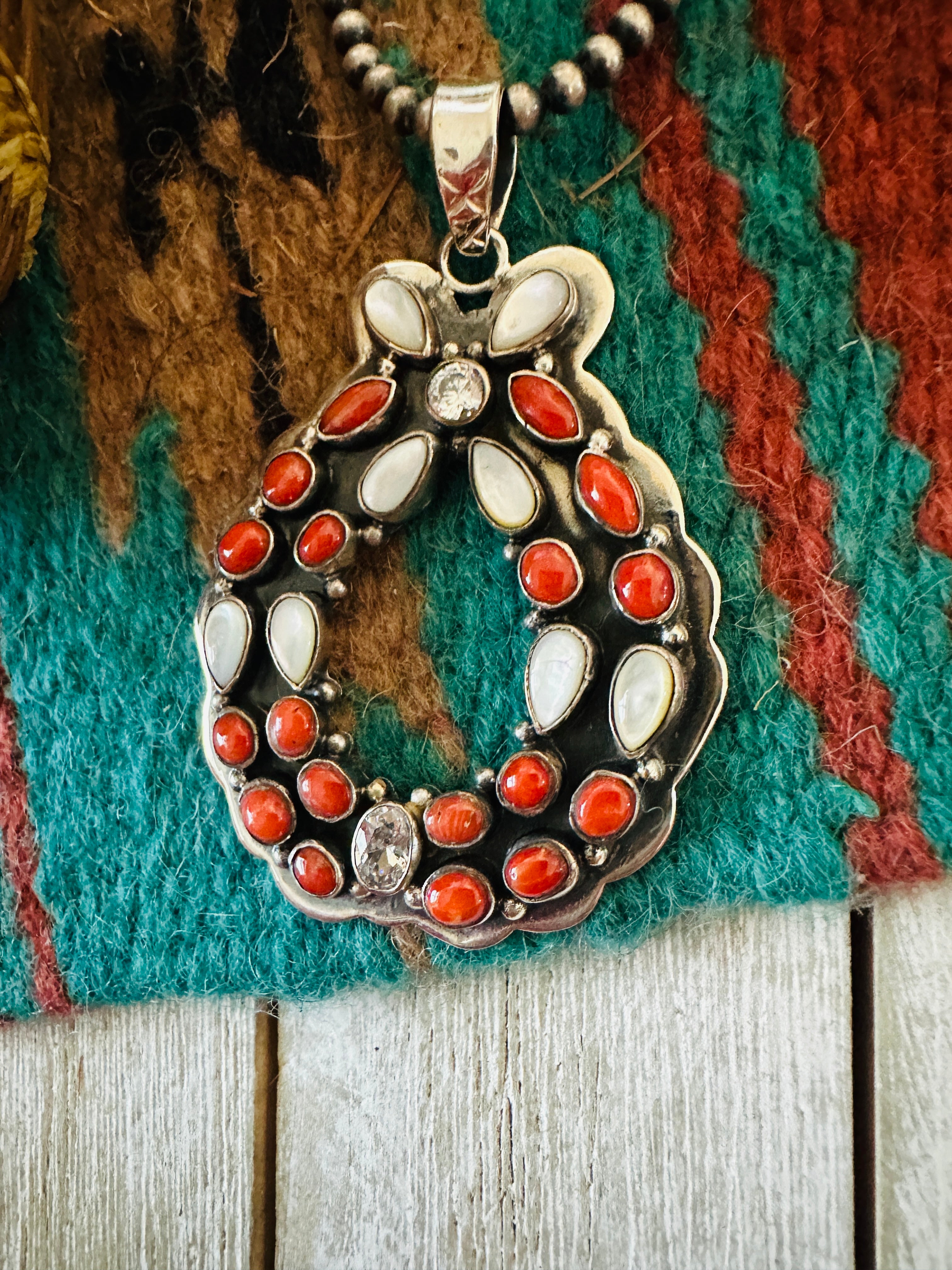 ** Christmas Collection ** Handmade Sterling Silver, Coral, Mother of Pearl & CZ Wreath Pendant Signed Nizhoni