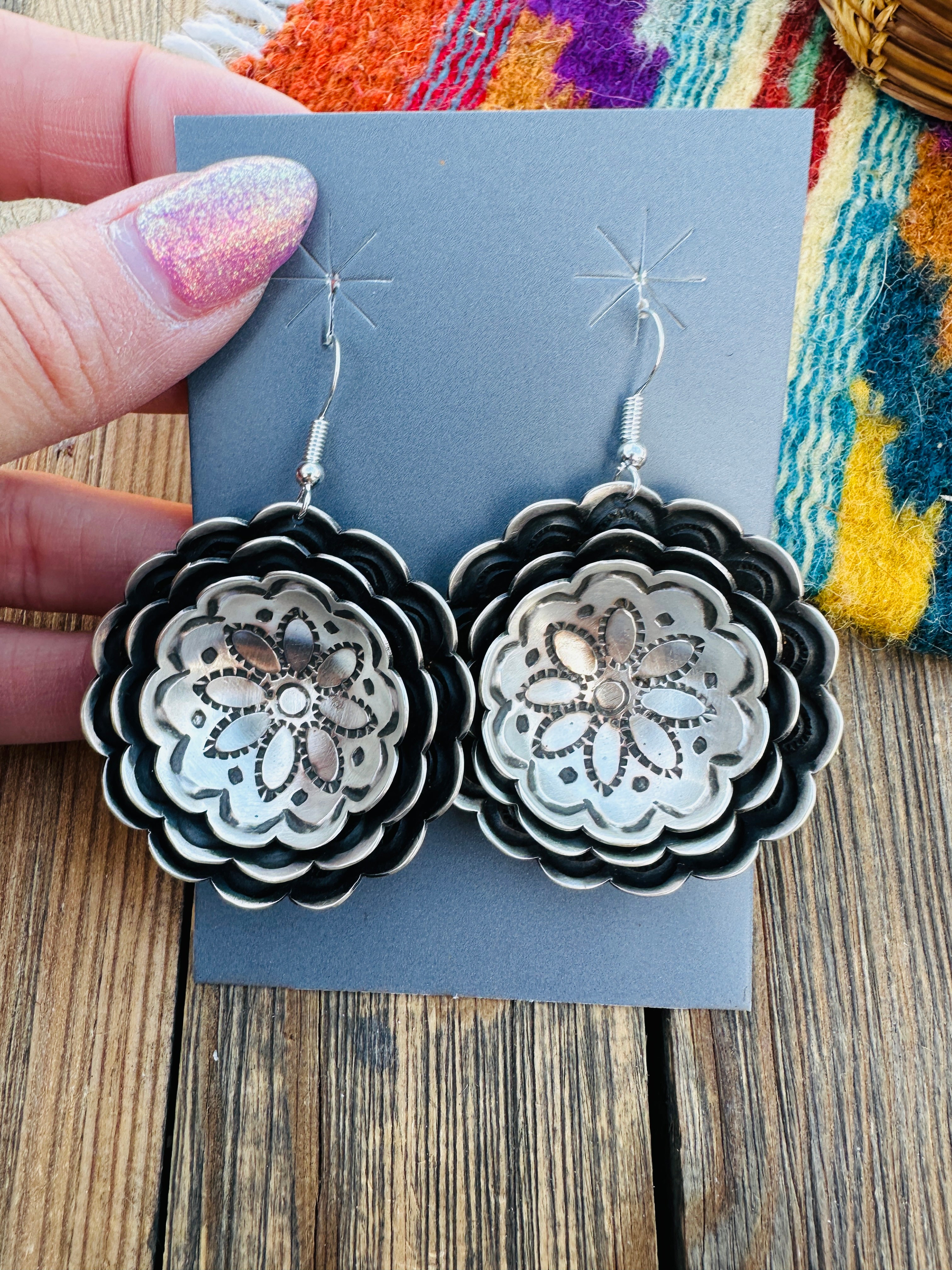 Handcrafted Sterling Silver Concho Dangle Earrings by Leander Tahe