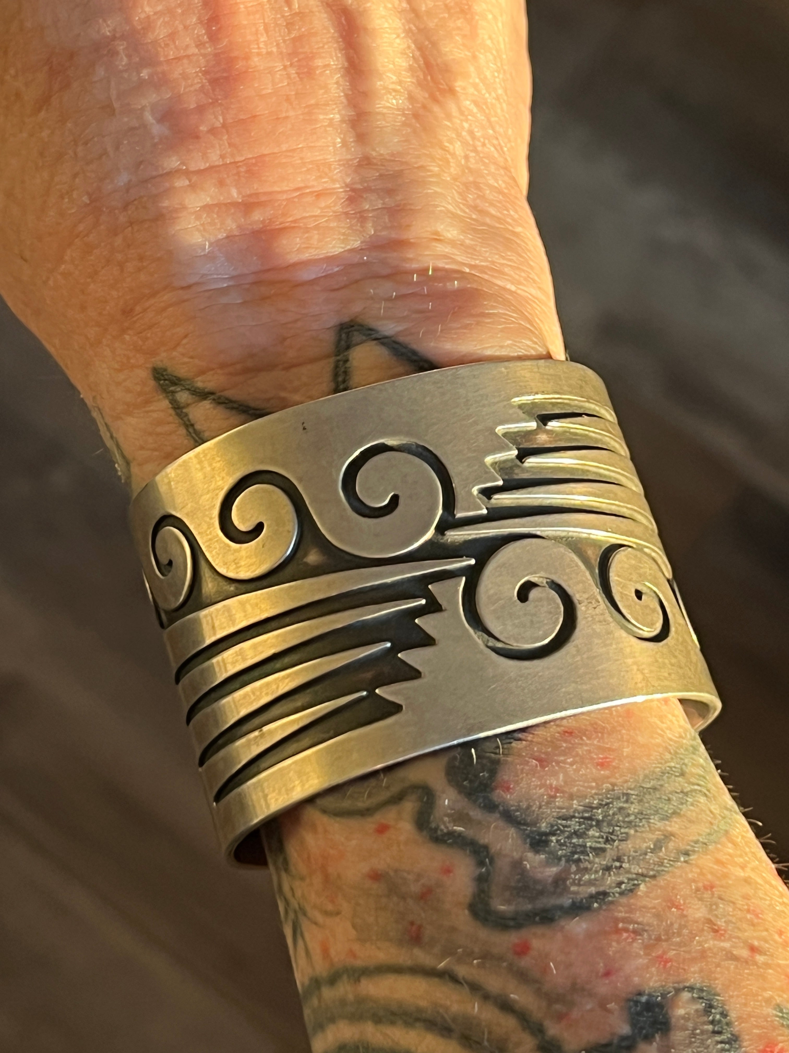 Handcrafted Old Pawn Sterling Silver Water Design Overlay Cuff, Unsigned