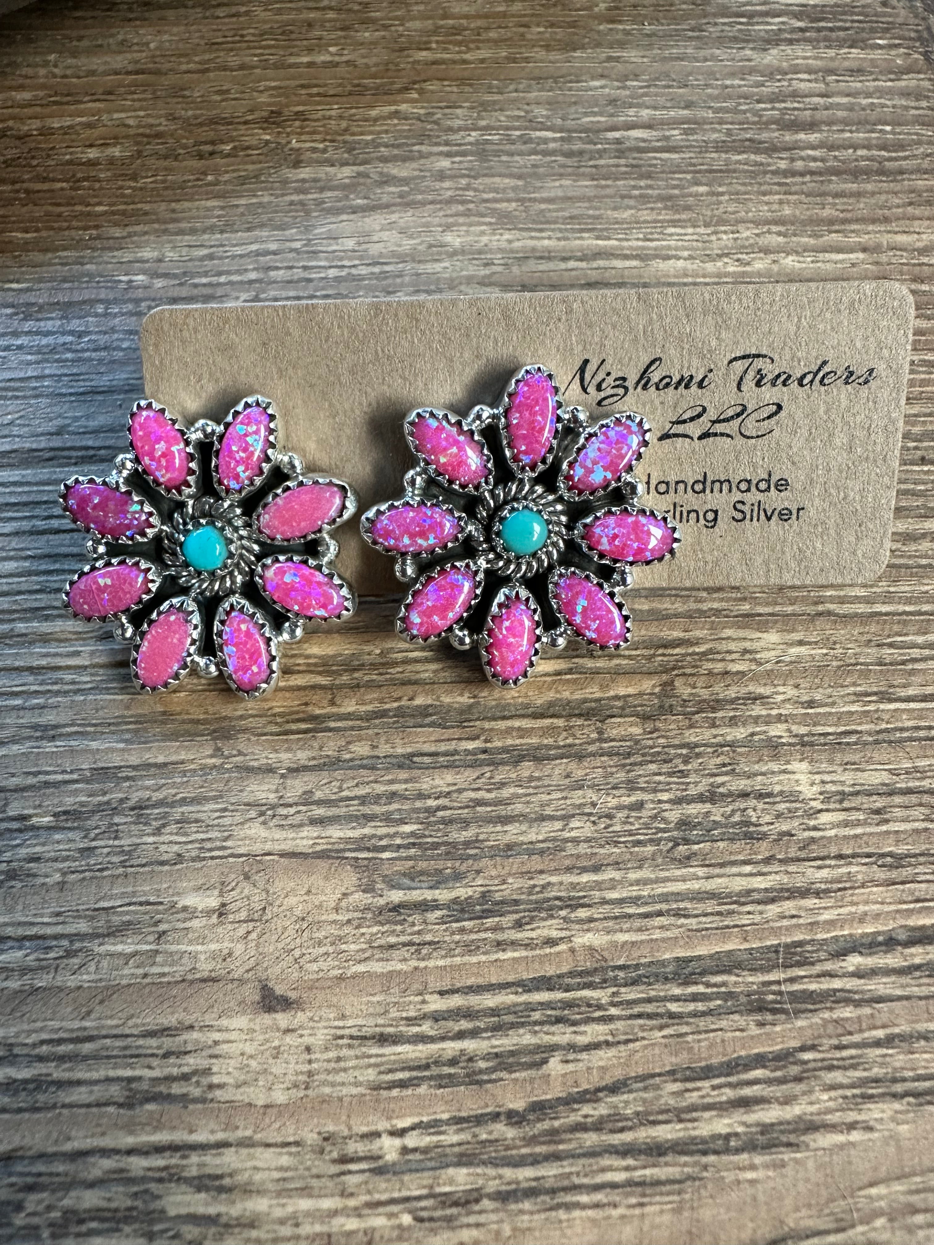 Handmade Sterling Silver, Hot Pink Opal and Turquoise Post Cluster Earrings