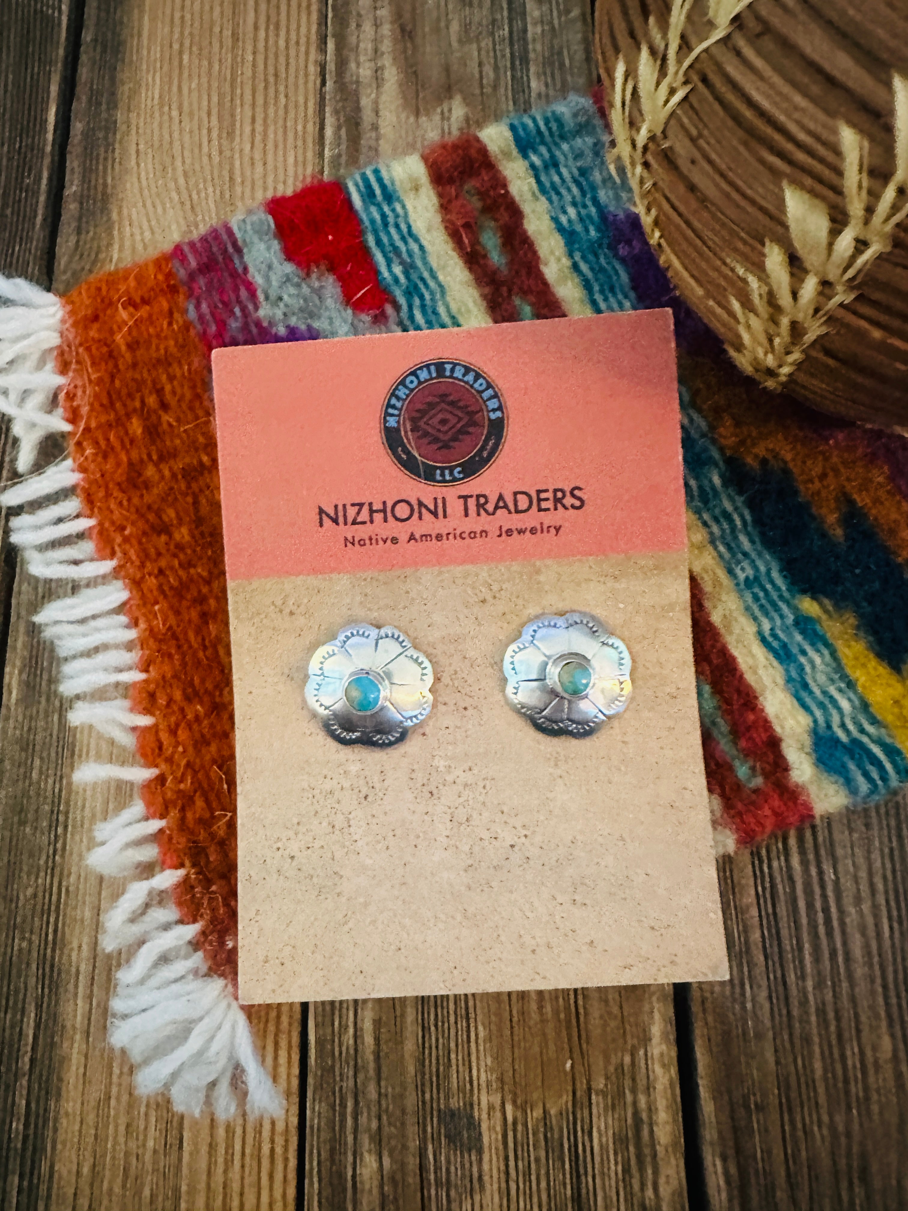 Handcrafted Sterling Silver & Turquoise Flower Concho Stud Earrings