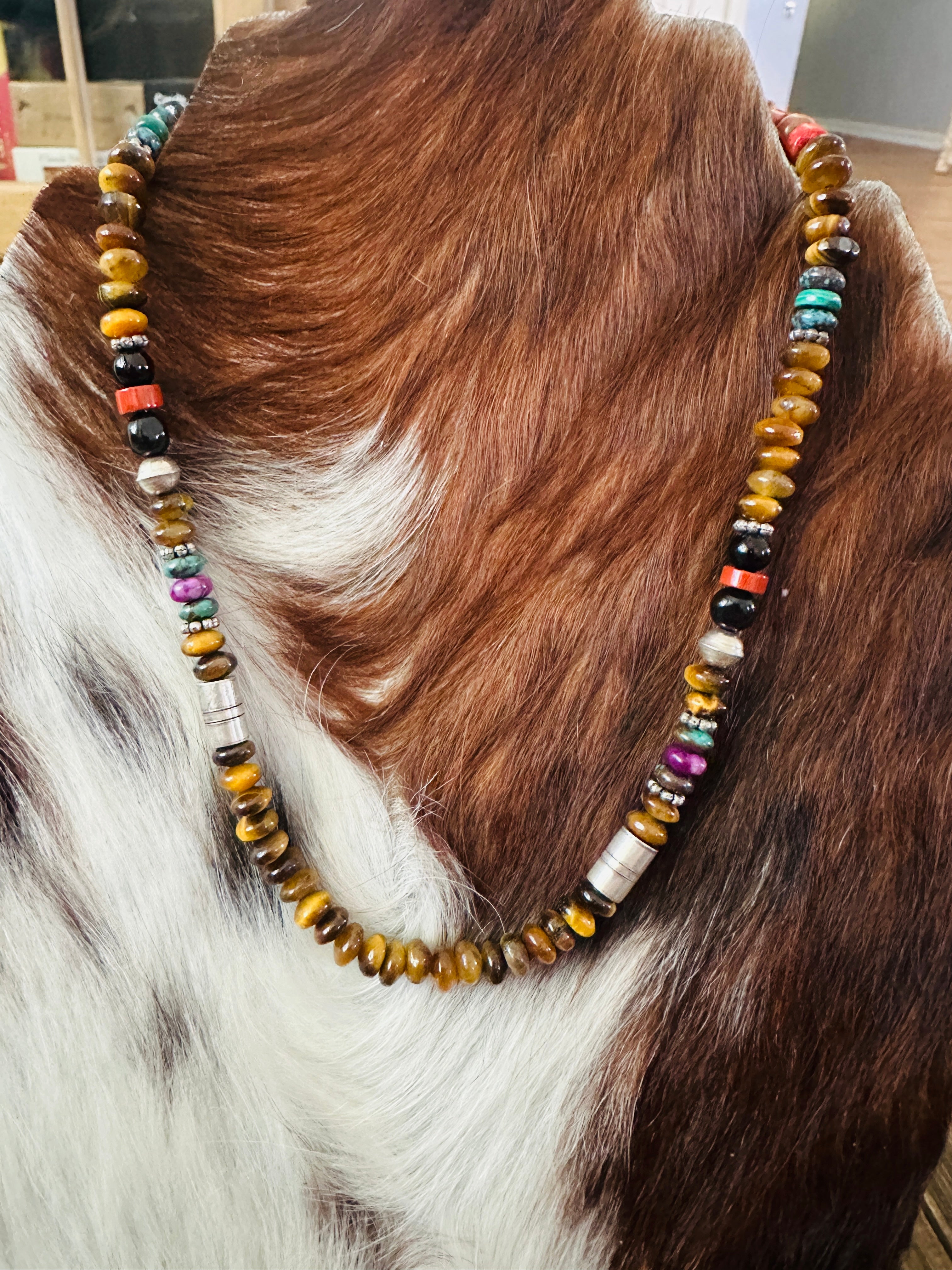 Handcrafted Multi Stone & Sterling Silver Beaded 16” Necklace by T & R Singer