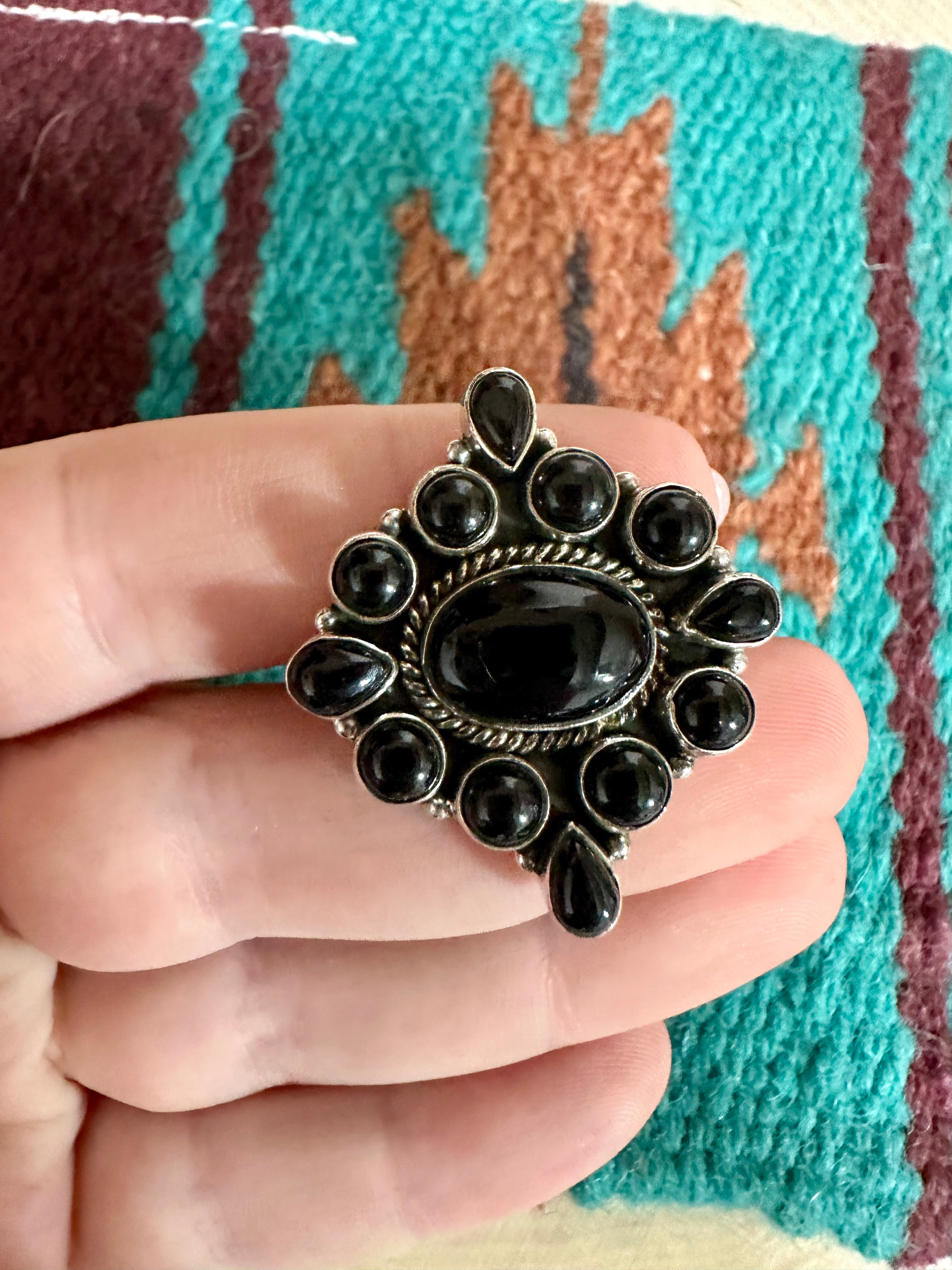 Handmade Onyx & Sterling Silver Adjustable Ring Signed Nizhoni