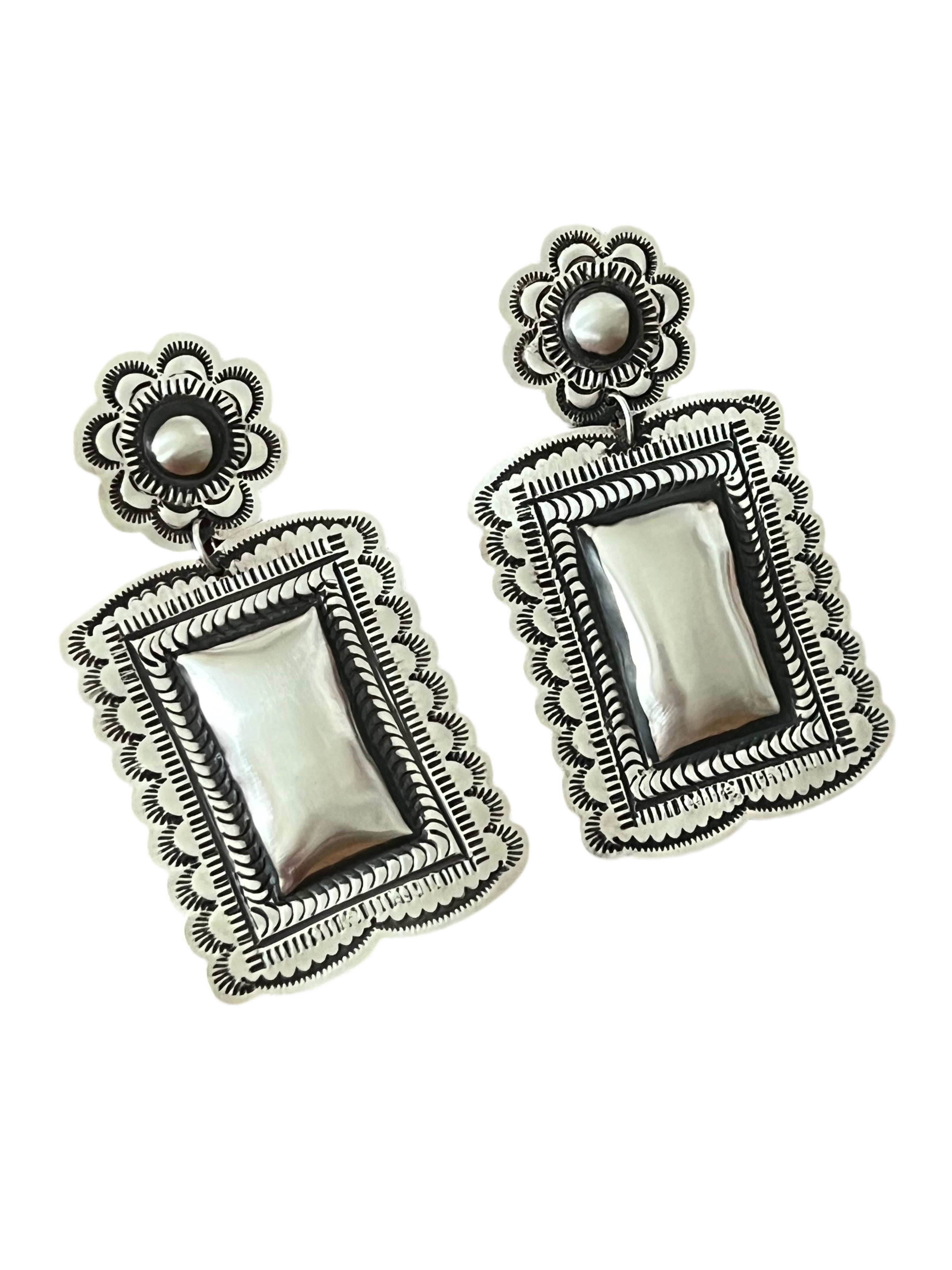 Handcrafted Sterling Silver Stamped Repousse Rectangle Earrings by Leander Tahe, R2