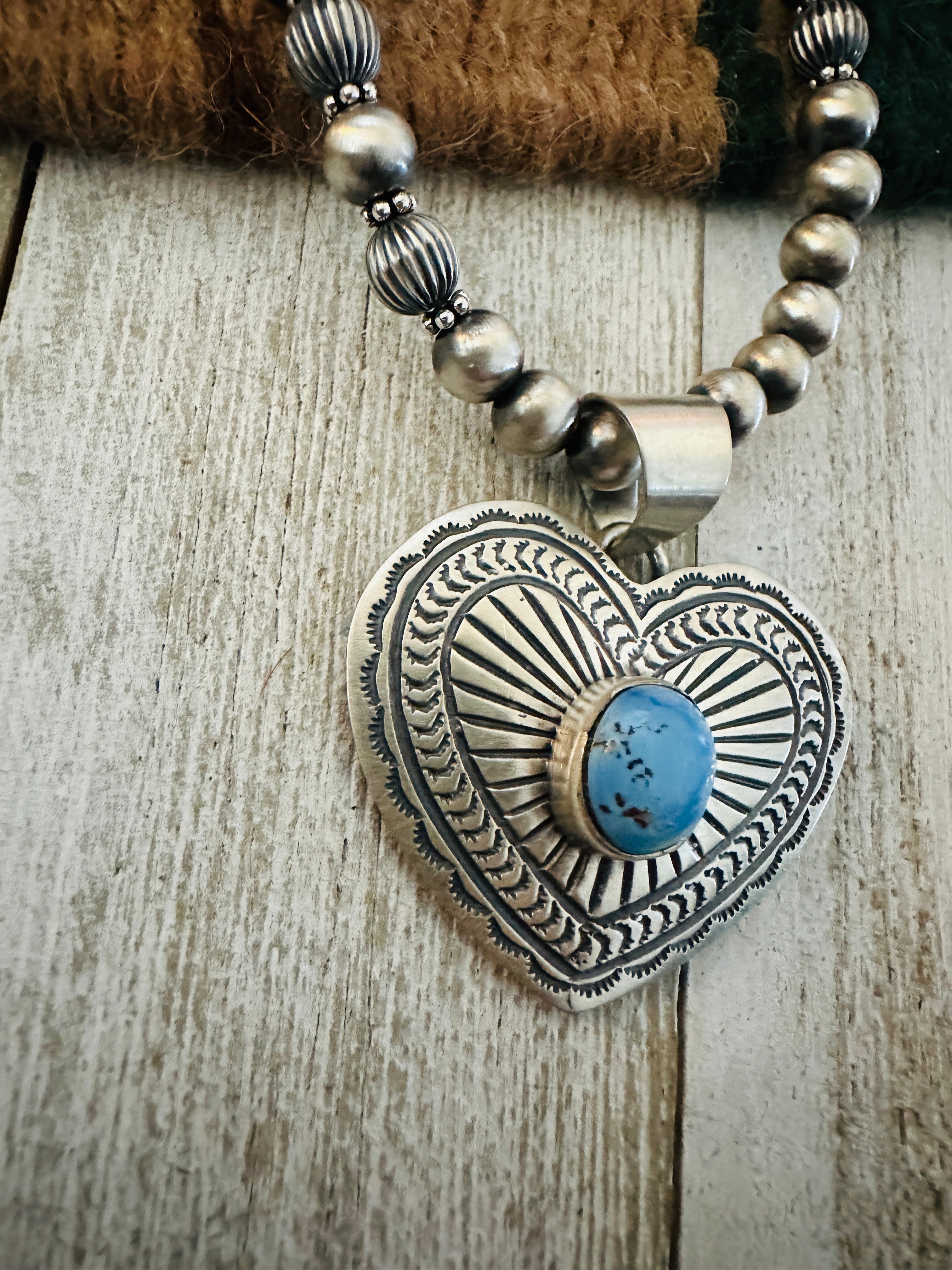 Navajo Golden Hills Turquoise & Sterling Silver Beaded Heart Necklace