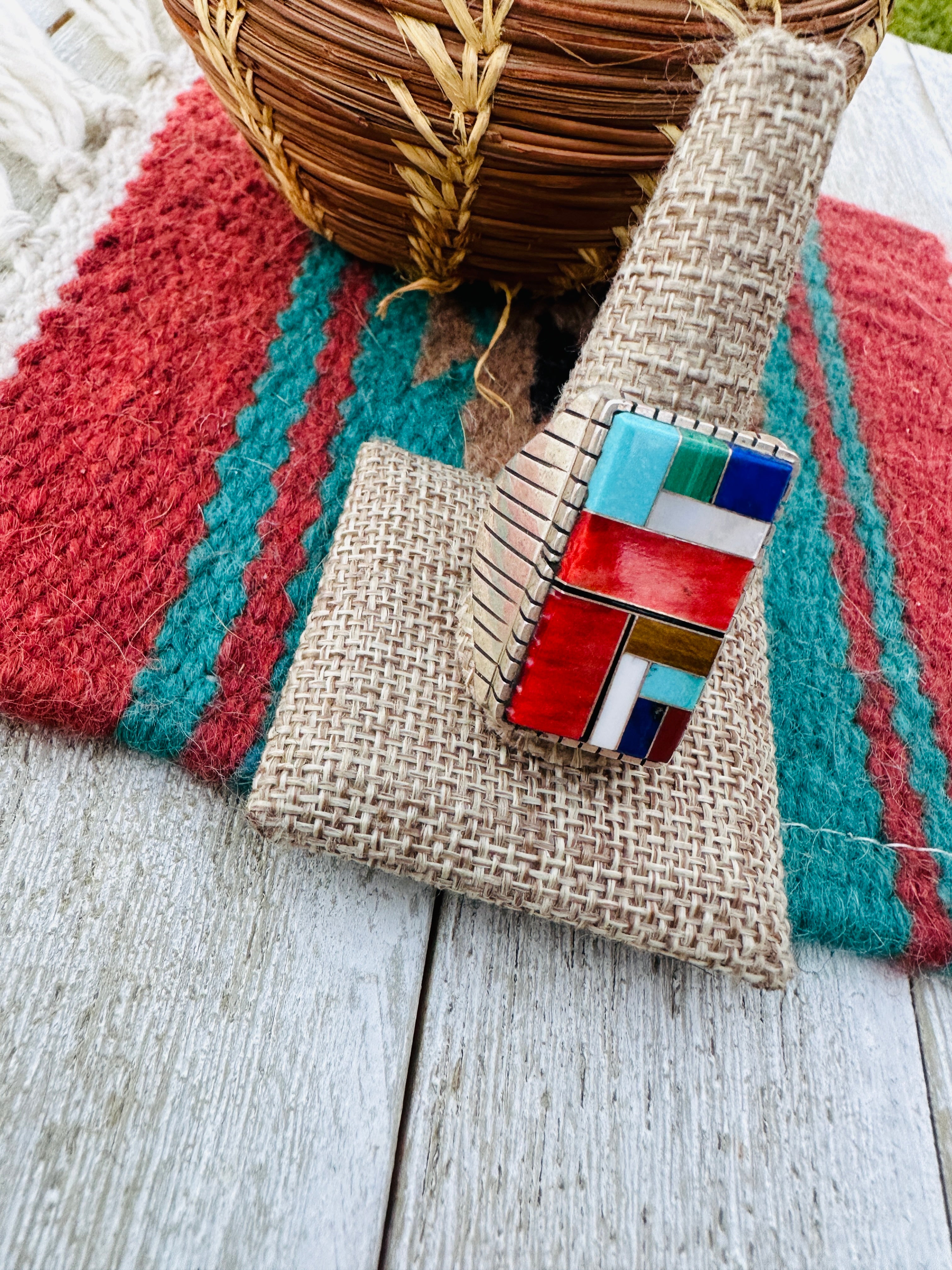 Old Pawn Navajo Sterling Silver & Multi Stone Inlay Ring Size 12.5