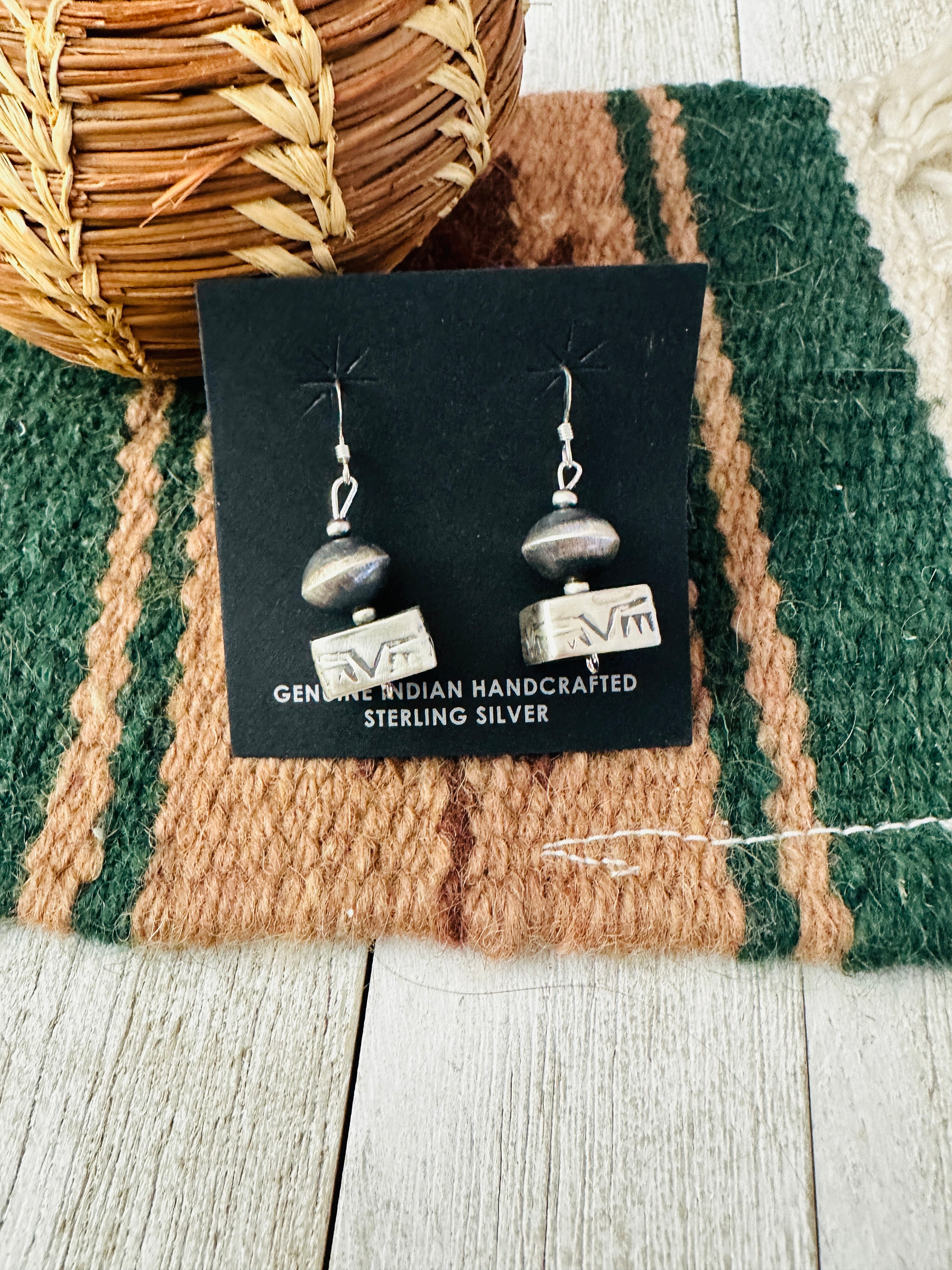 Navajo Hand Stamped Sterling Silver Beaded Dangle Earrings