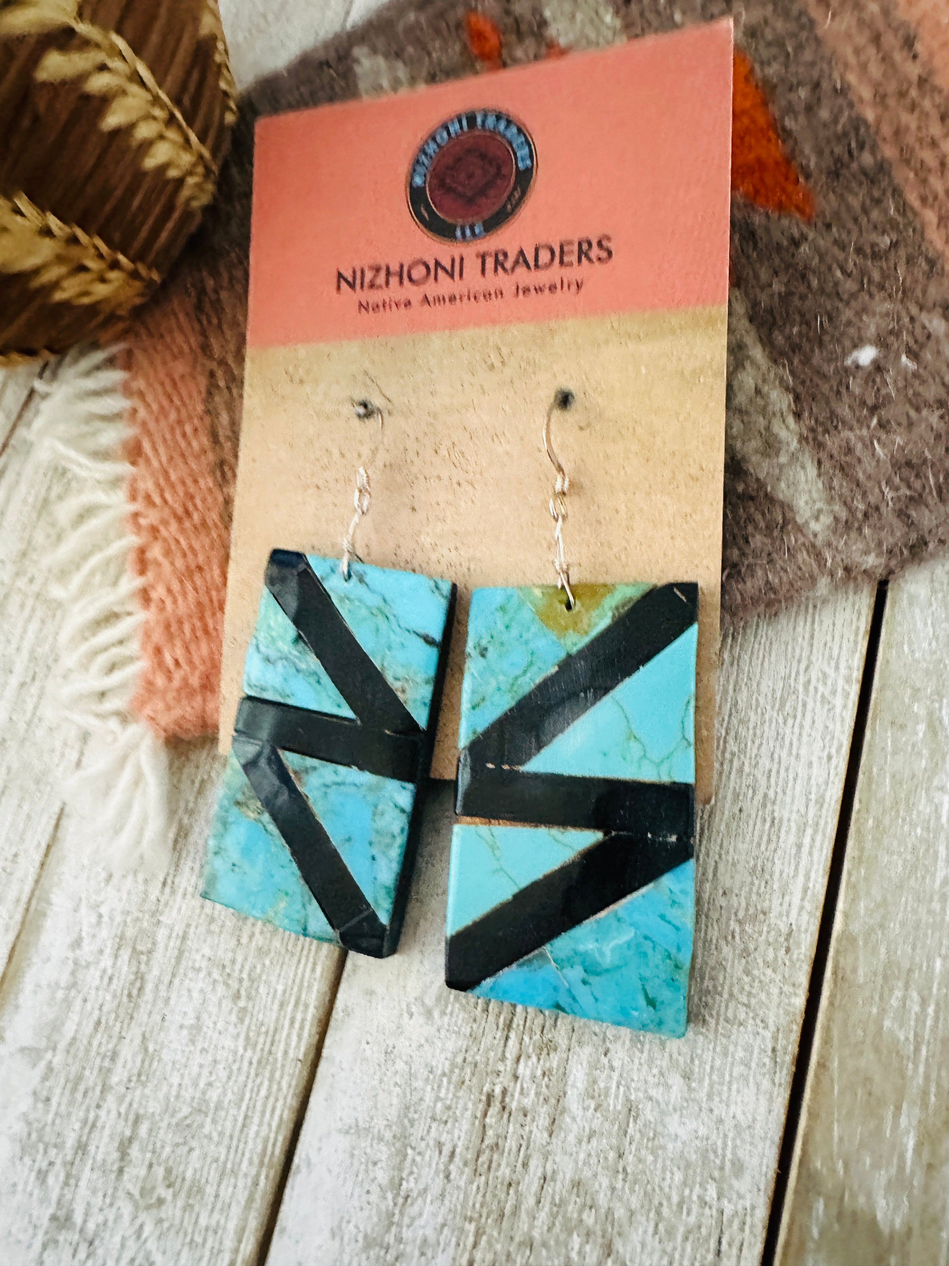 Santo Domingo Turquoise & Onyx Inlay Dangle Earrings