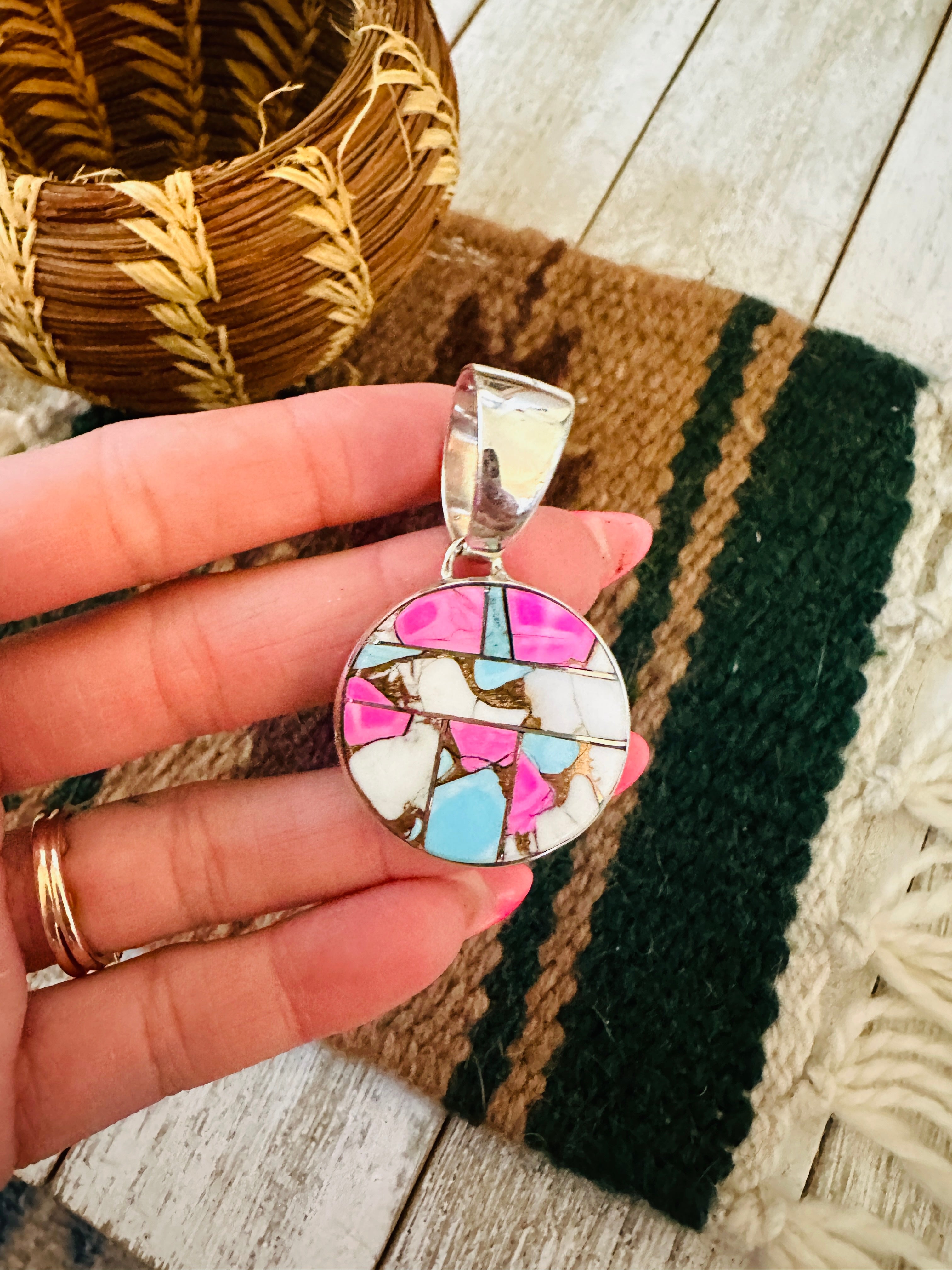 Handcrafted Cotton Candy & Sterling Silver Inlay Pendant