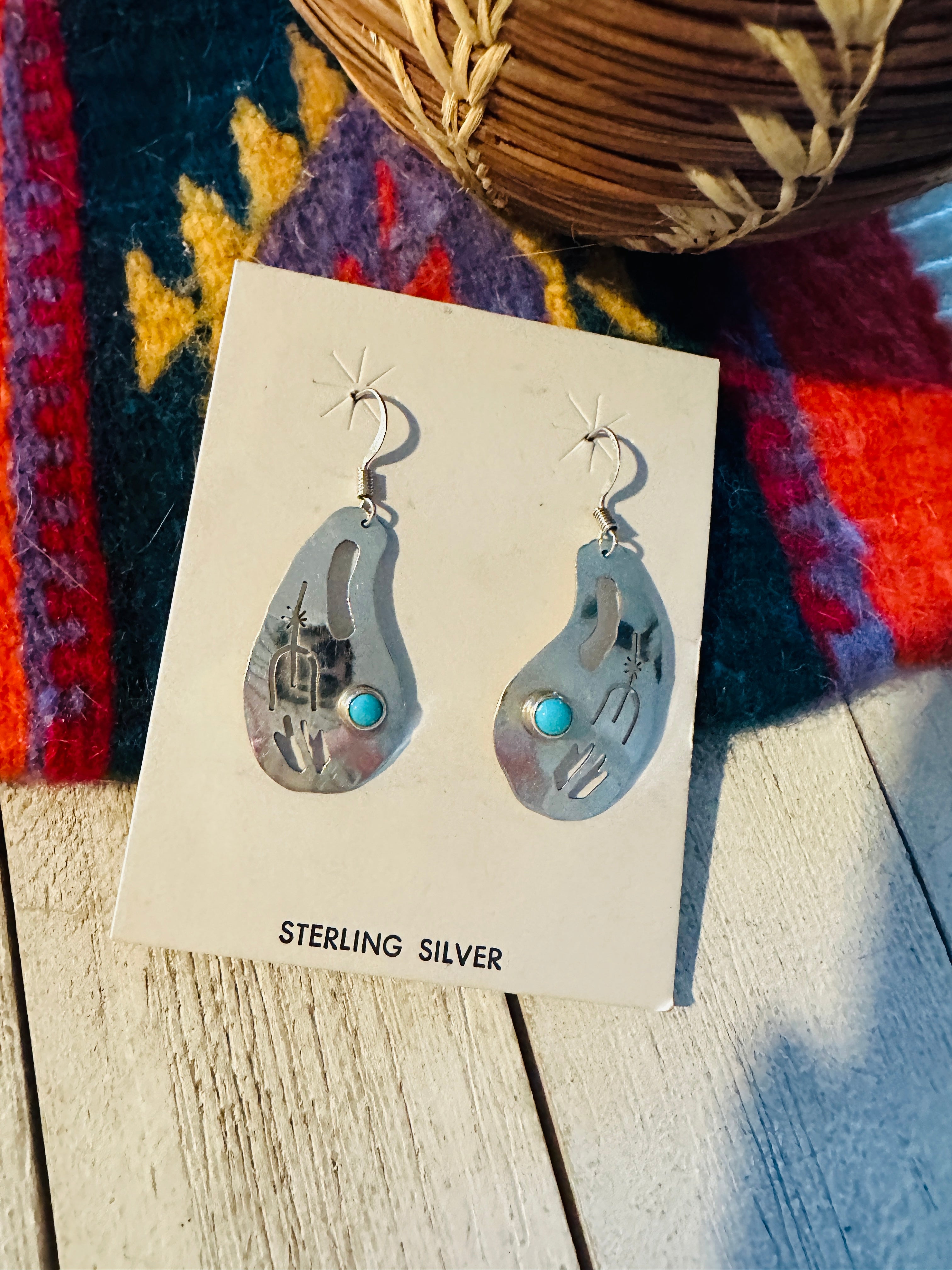 Navajo Hand Stamped Sterling Silver & Turquoise Dangle Earrings