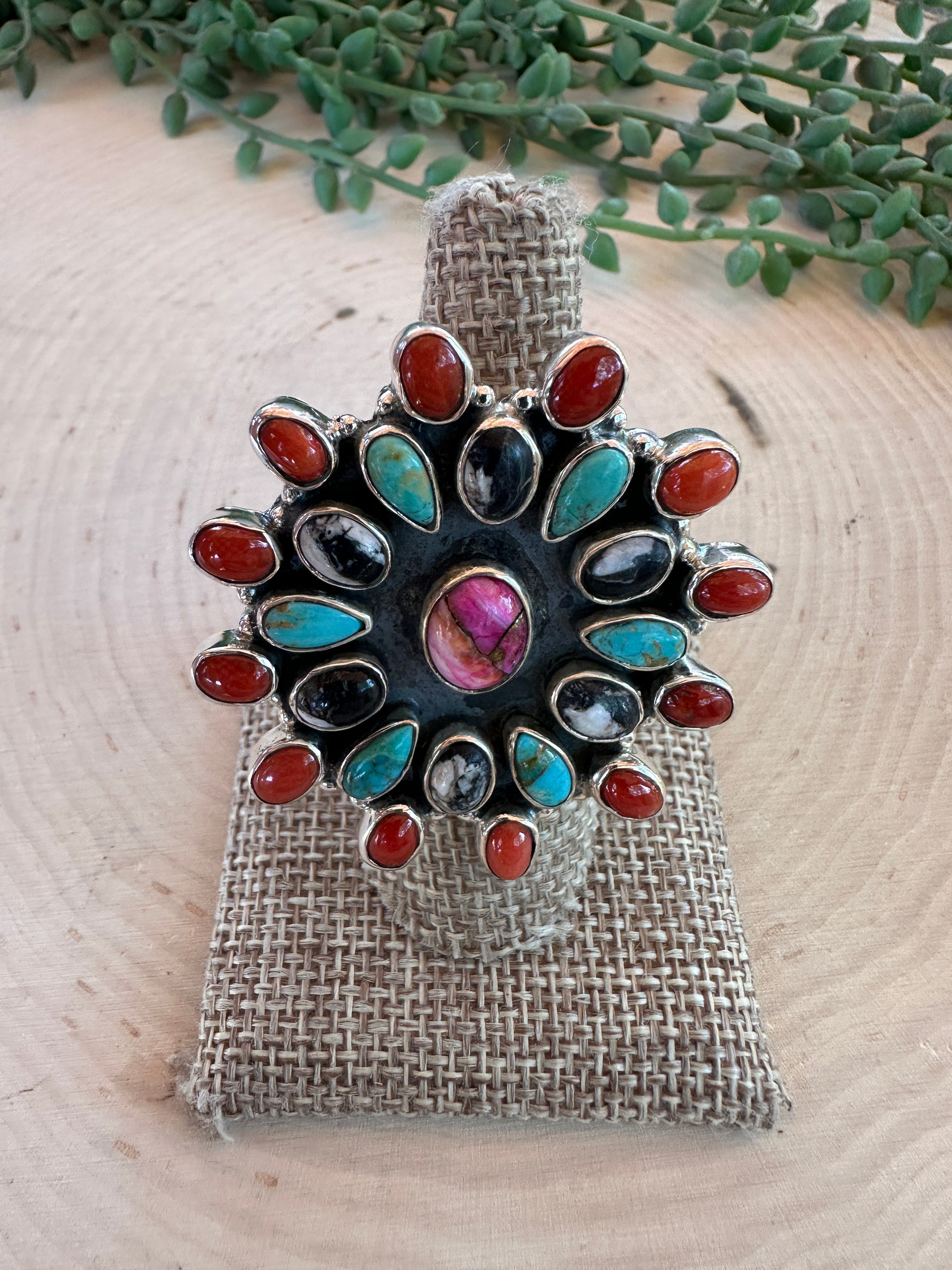 Beautiful Handmade Turquoise, Coral, White Buffalo, Pink Dream Mojave And Sterling Silver Adjustable Statement Ring