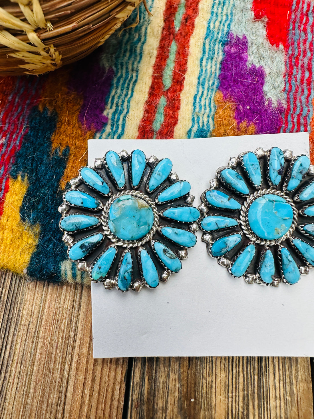 Handcrafted Kingman Turquoise & Sterling Silver Cluster Post Earrings
