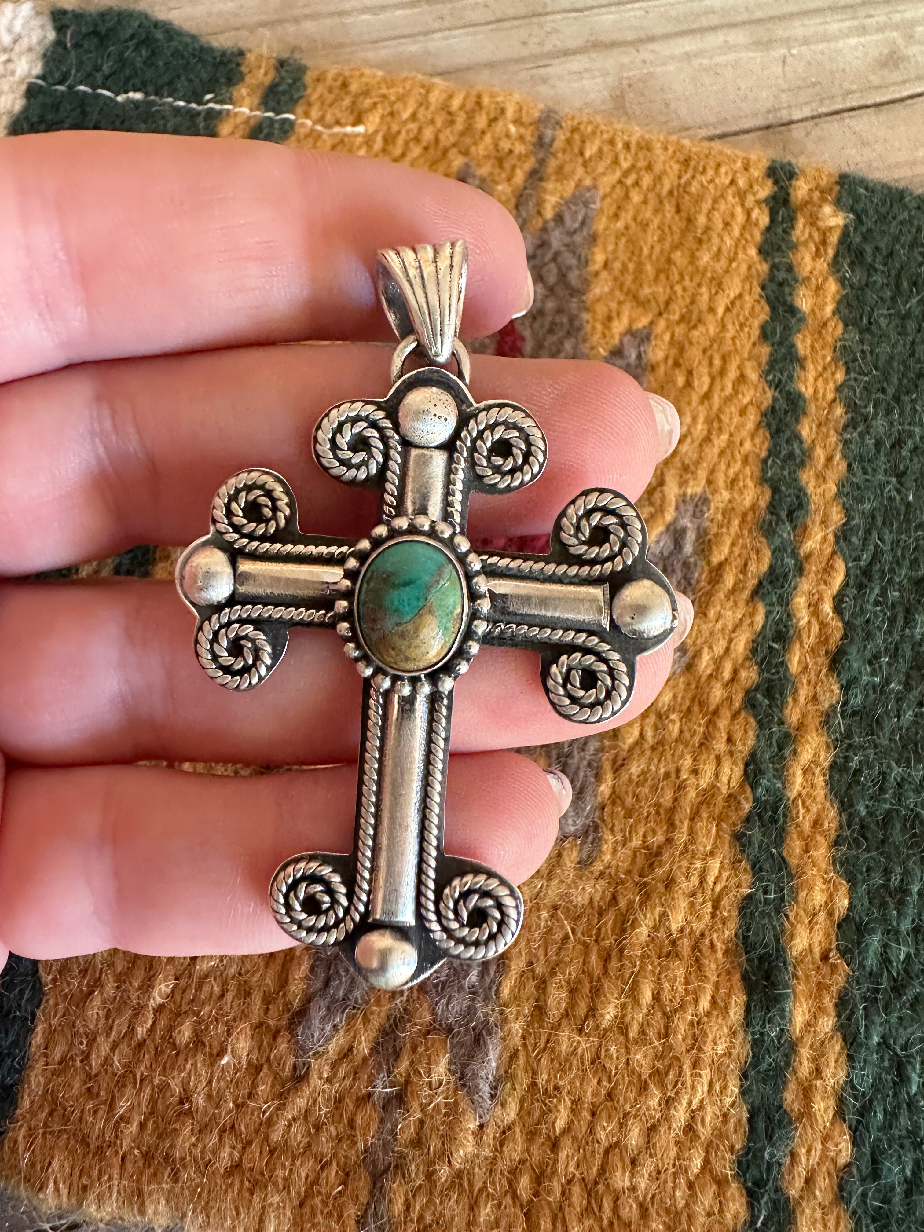 Handmade Turquoise & Sterling Silver Cross Pendant Signed Nizhoni