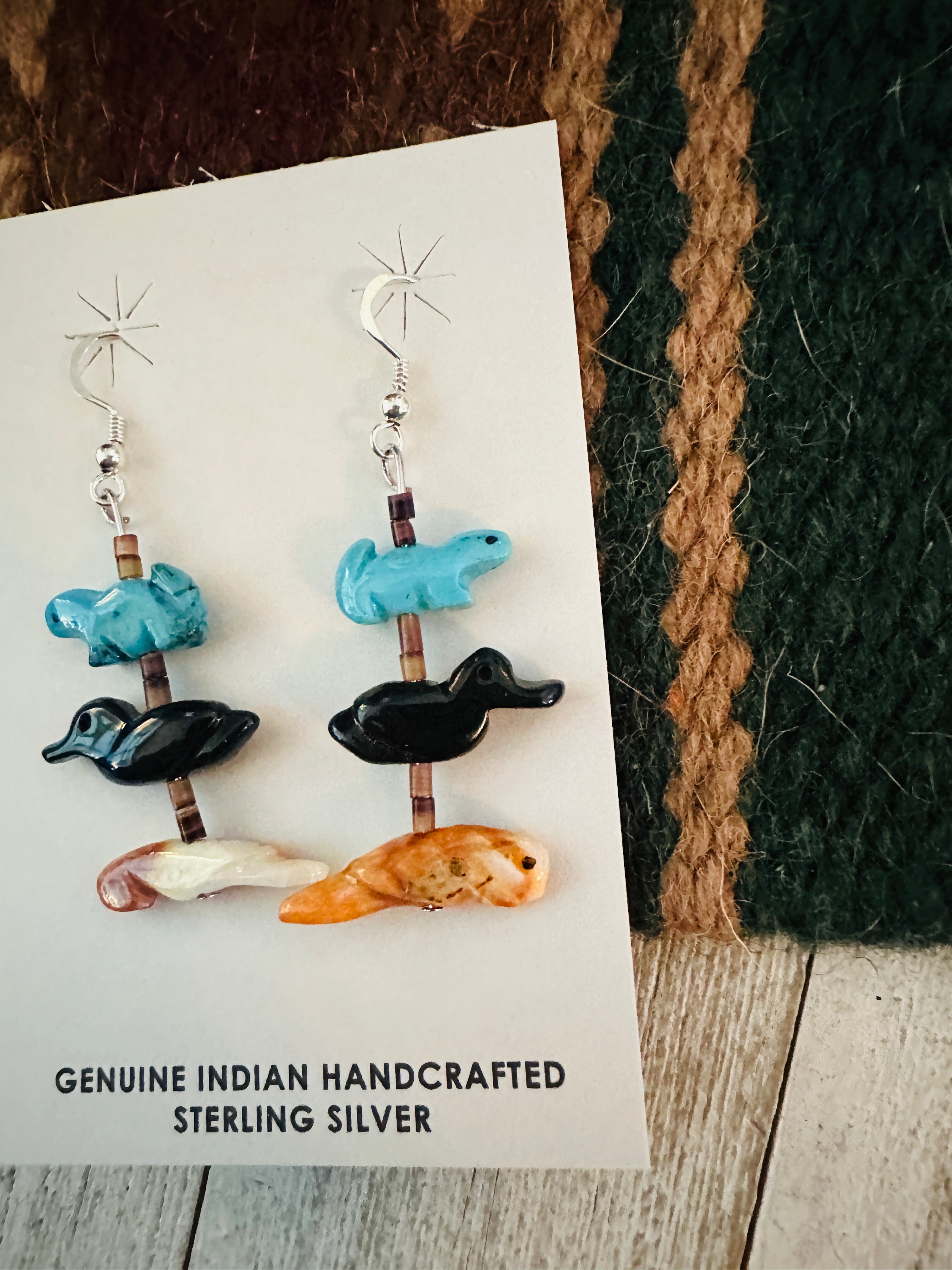 Zuni Multi Stone Beaded Fetish Dangle Earrings