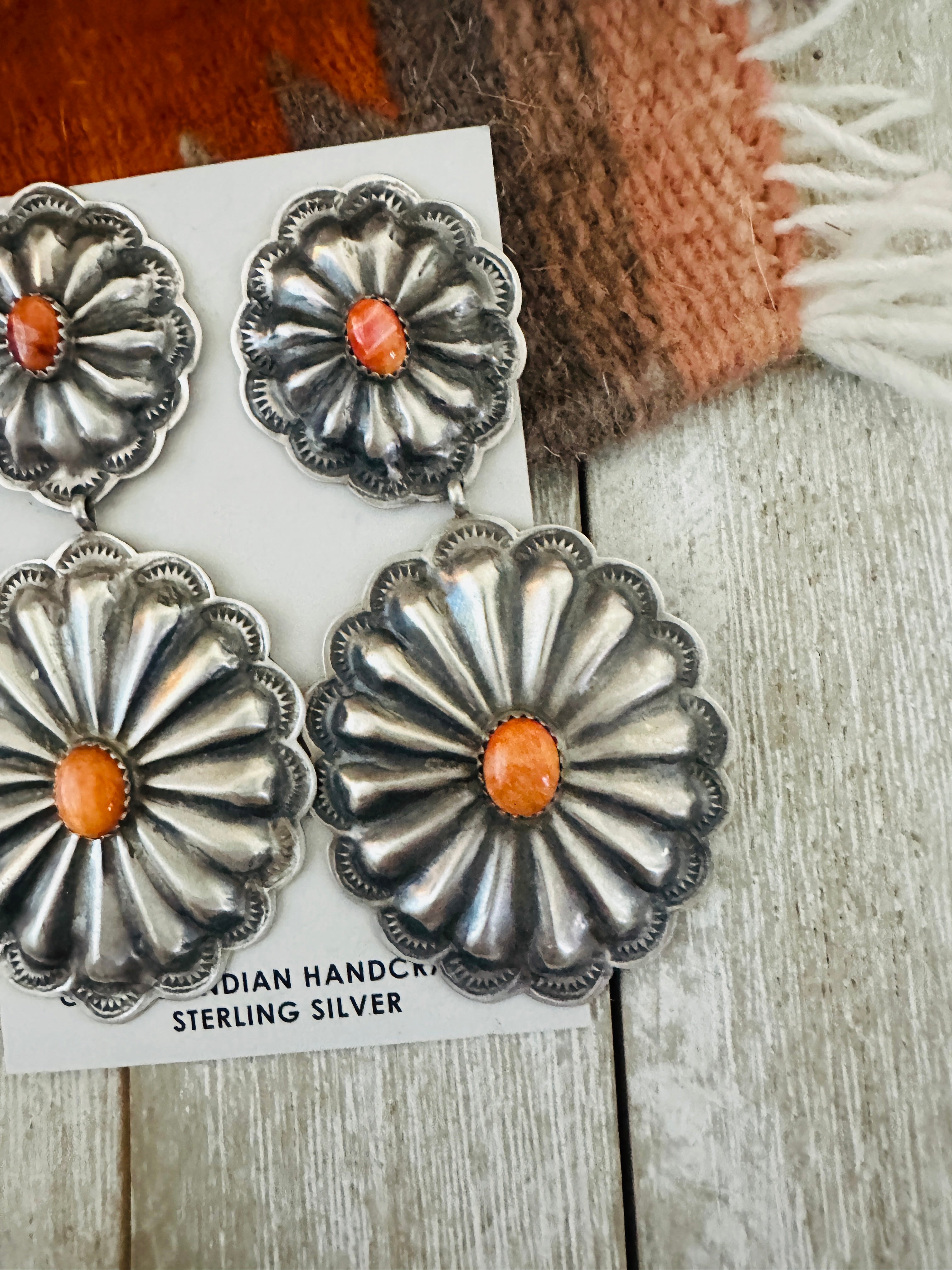 Handcrafted Orange Spiny and Sterling Silver Concho Dangle Earrings