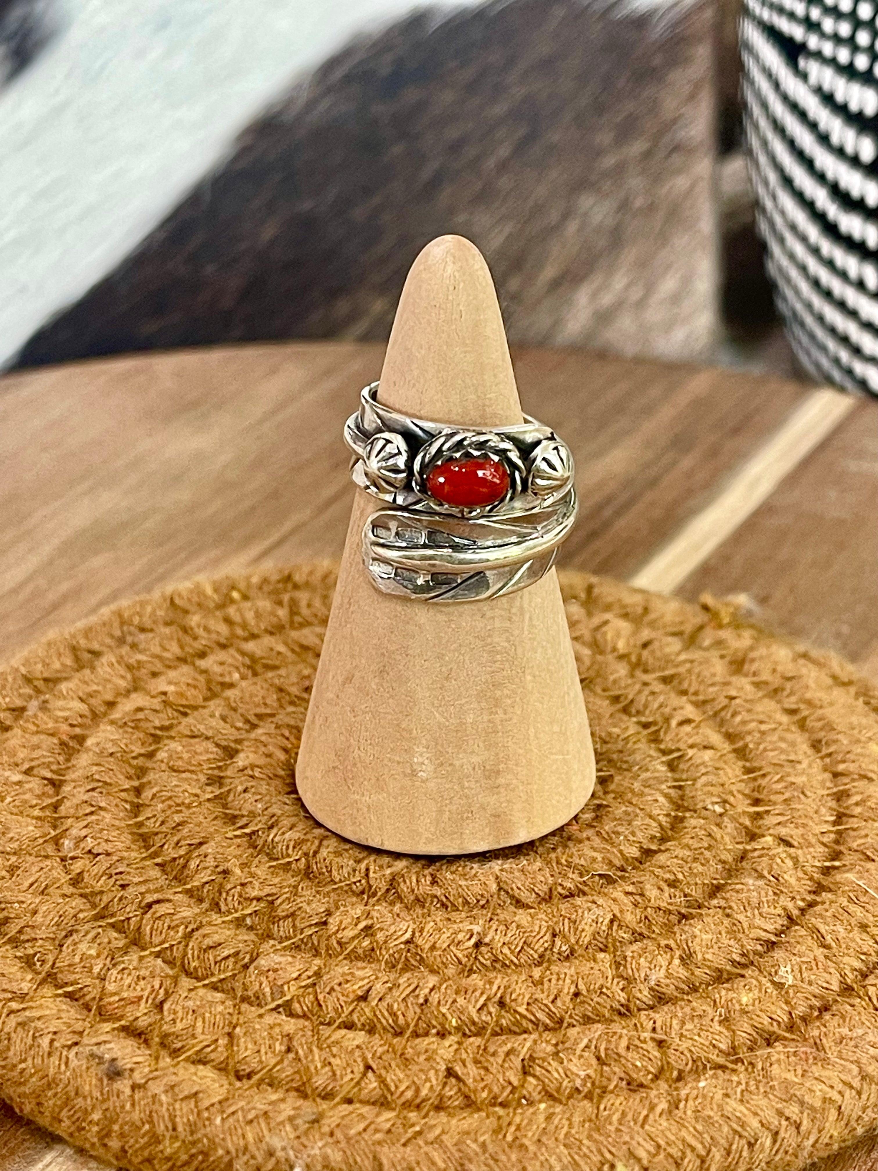 Handmade Sterling Silver & Coral Adjustable Feather Band Ring