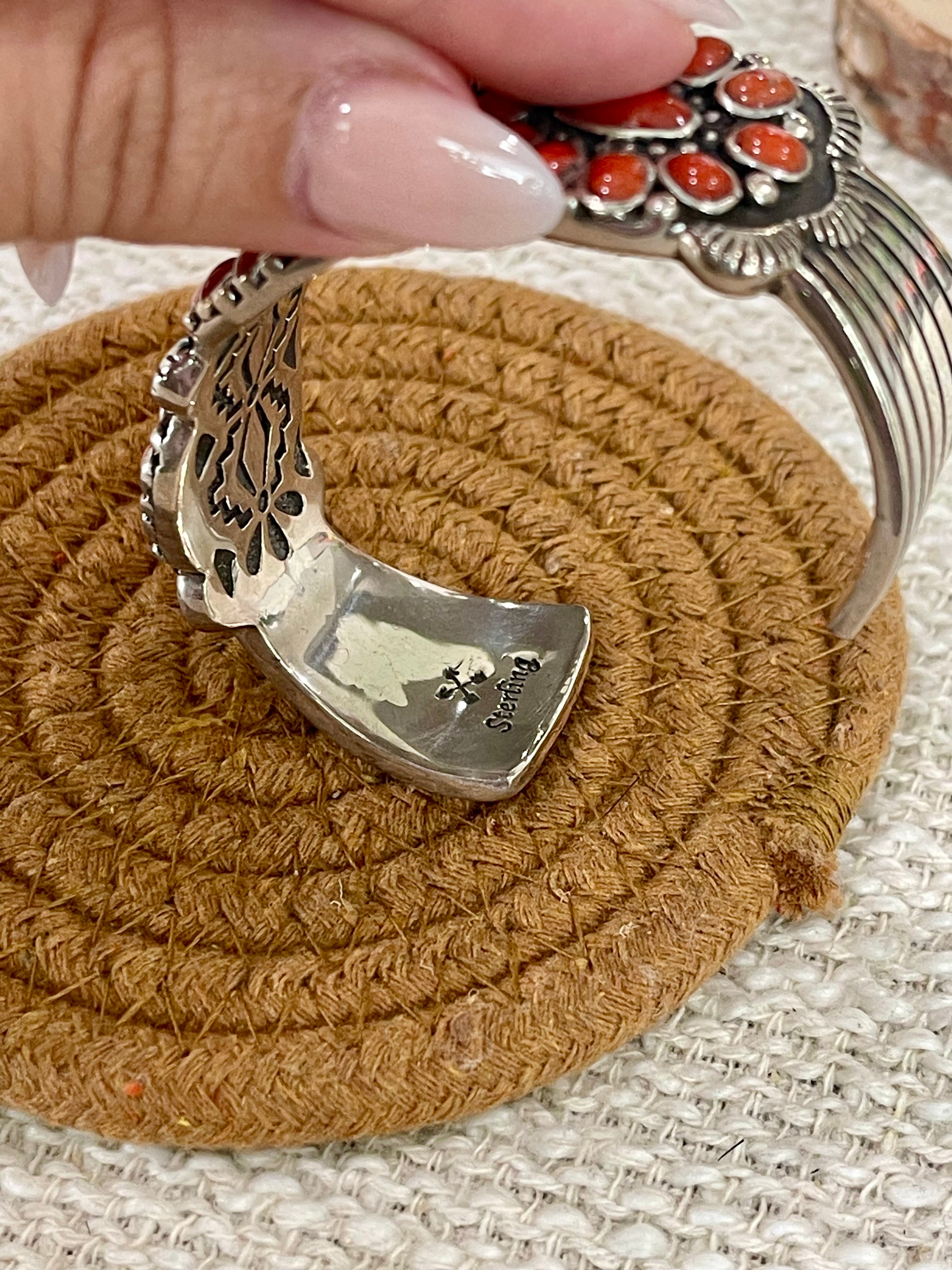 Handmade Coral & Sterling Silver Cluster Cuff Bracelet /