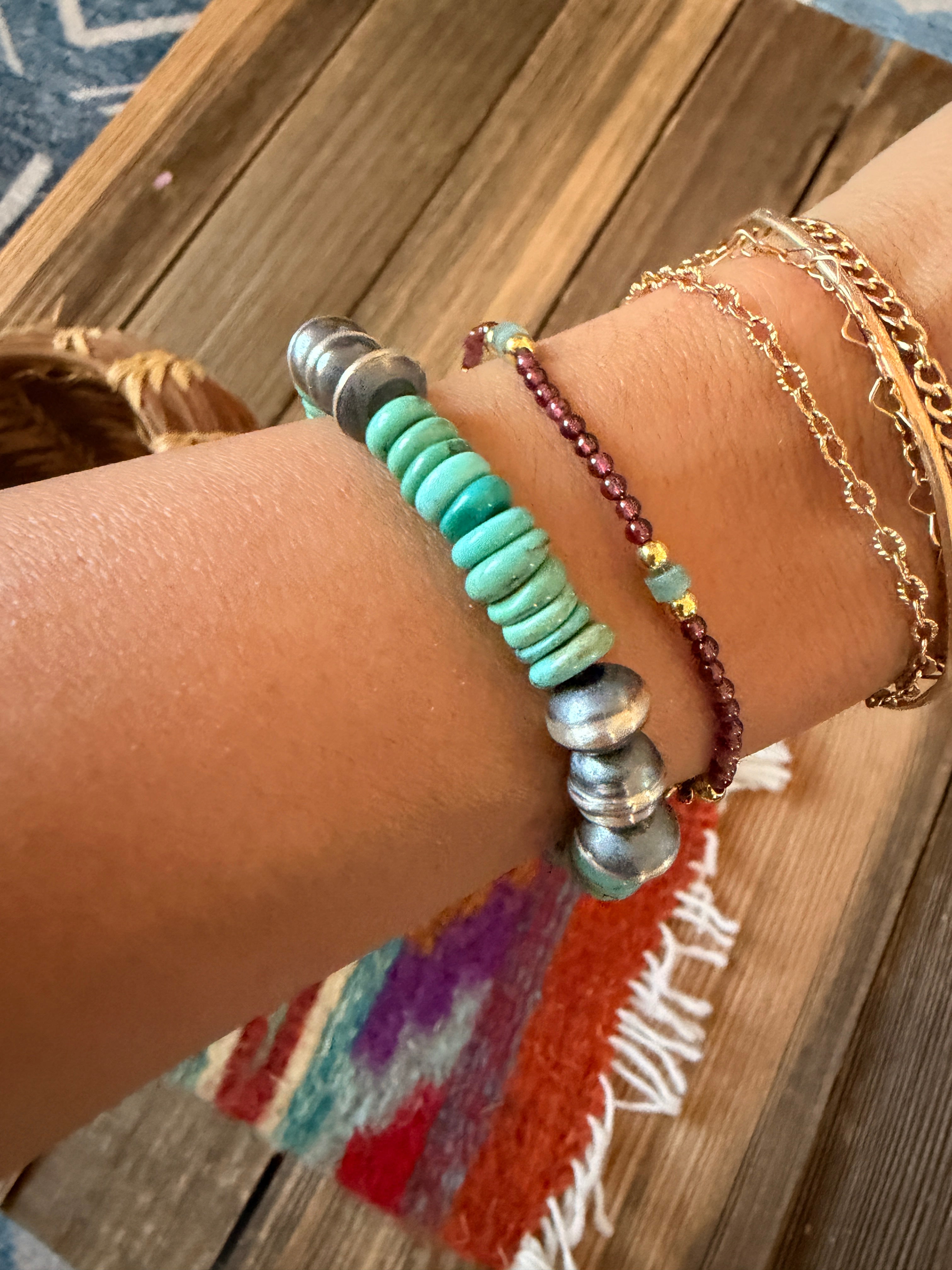 Handcrafted Turquoise & Sterling Silver Beaded Stretch Bracelet