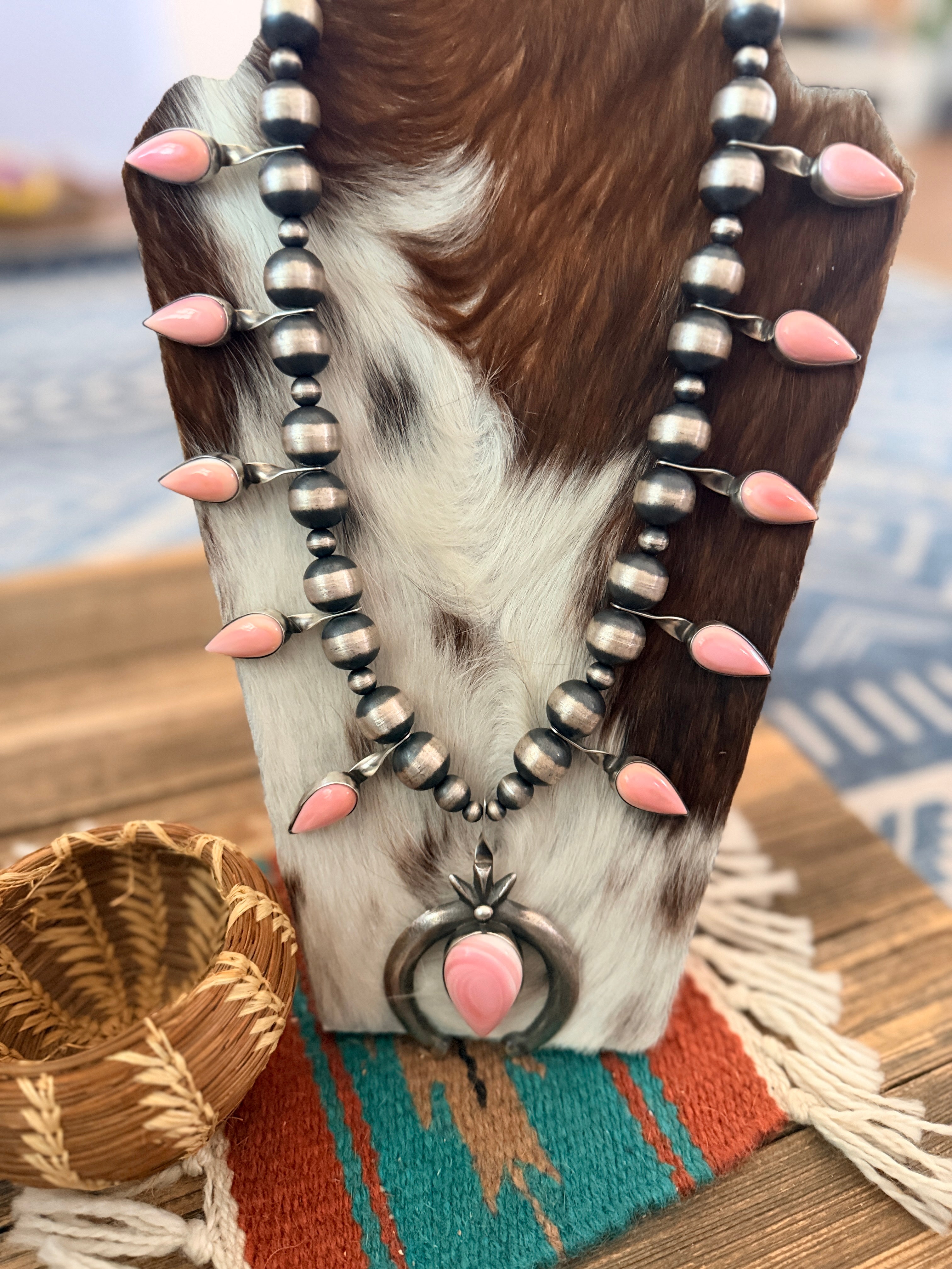 Handcrafted Sterling Silver & Queen Pink Conch Squash Blossom Necklace by Chimney Butte