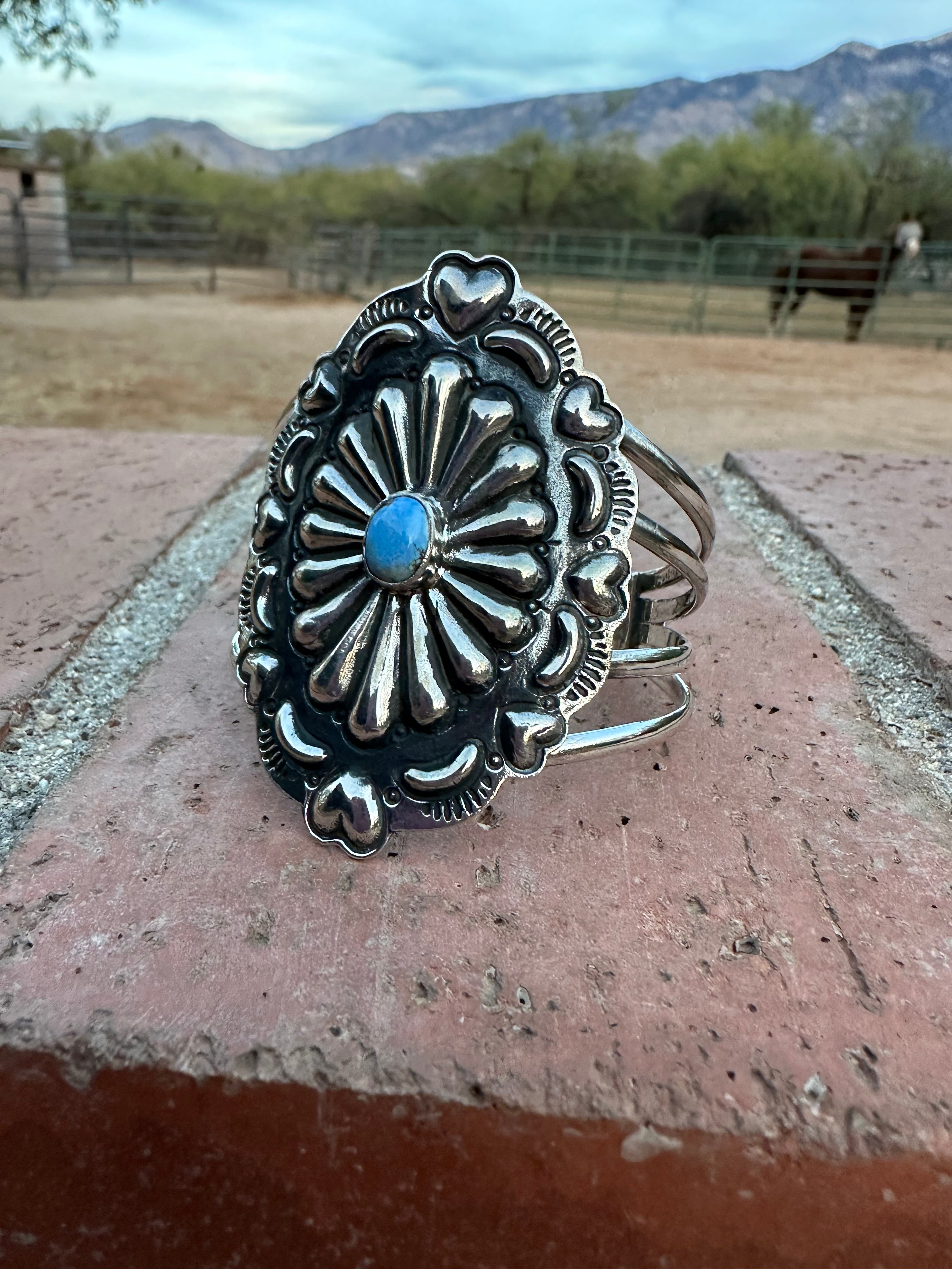 Handmade Sterling Silver & Golden Hills Turquoise Concho Cuff