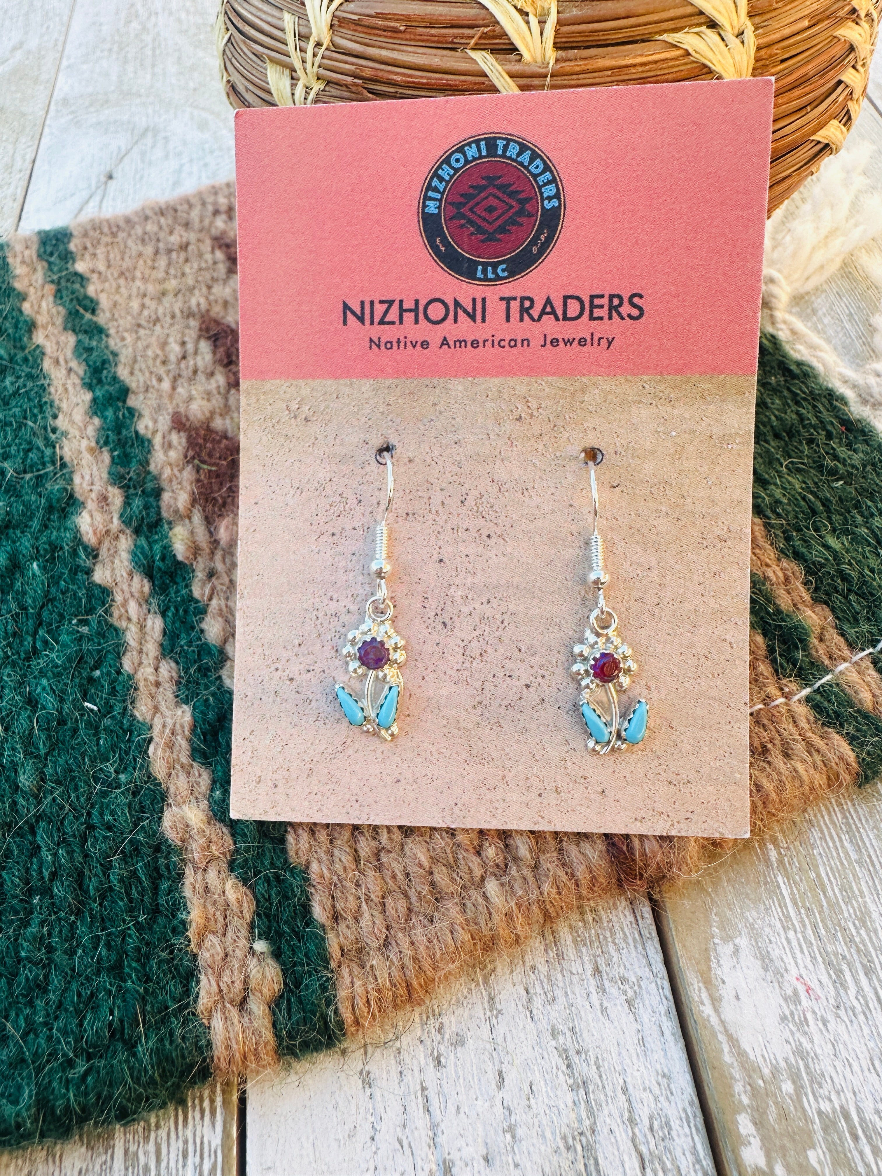 Handcrafted Turquoise, Red Opal & Sterling Silver Flower Dangle Earrings