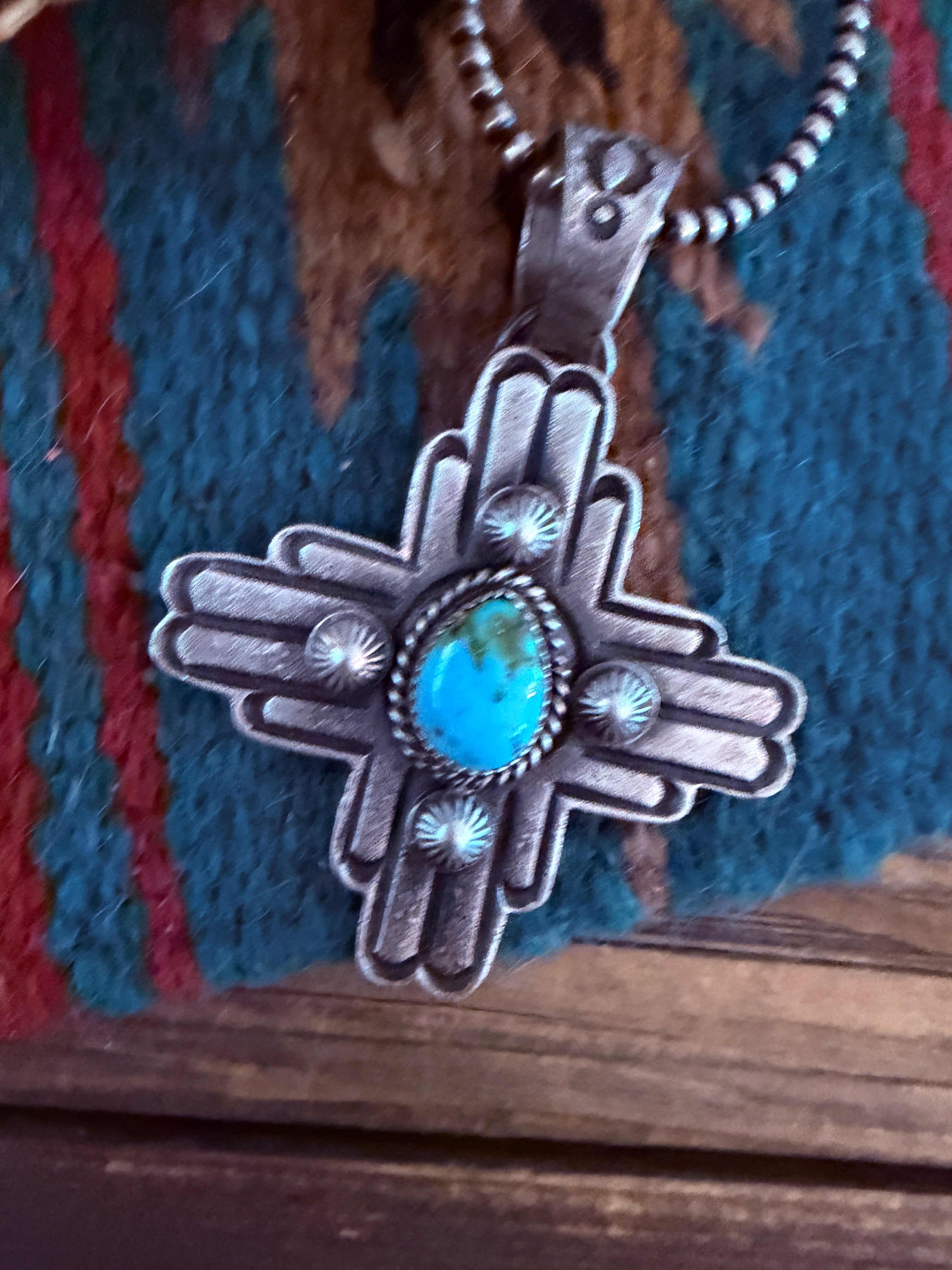 Handcrafted Sterling Silver & Sonoran Mountain Turquoise Zia Cross Pendant by Kevin Billah