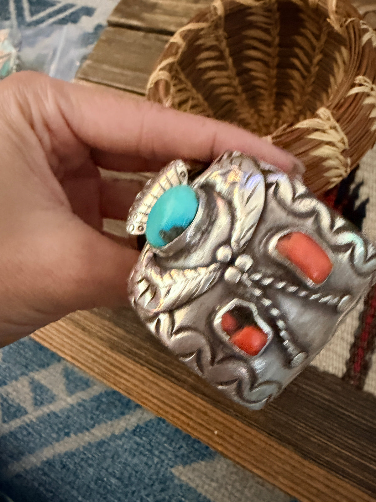 Handcrafted Old Pawn Turquoise, Coral & Sterling Silver Watch Cuff