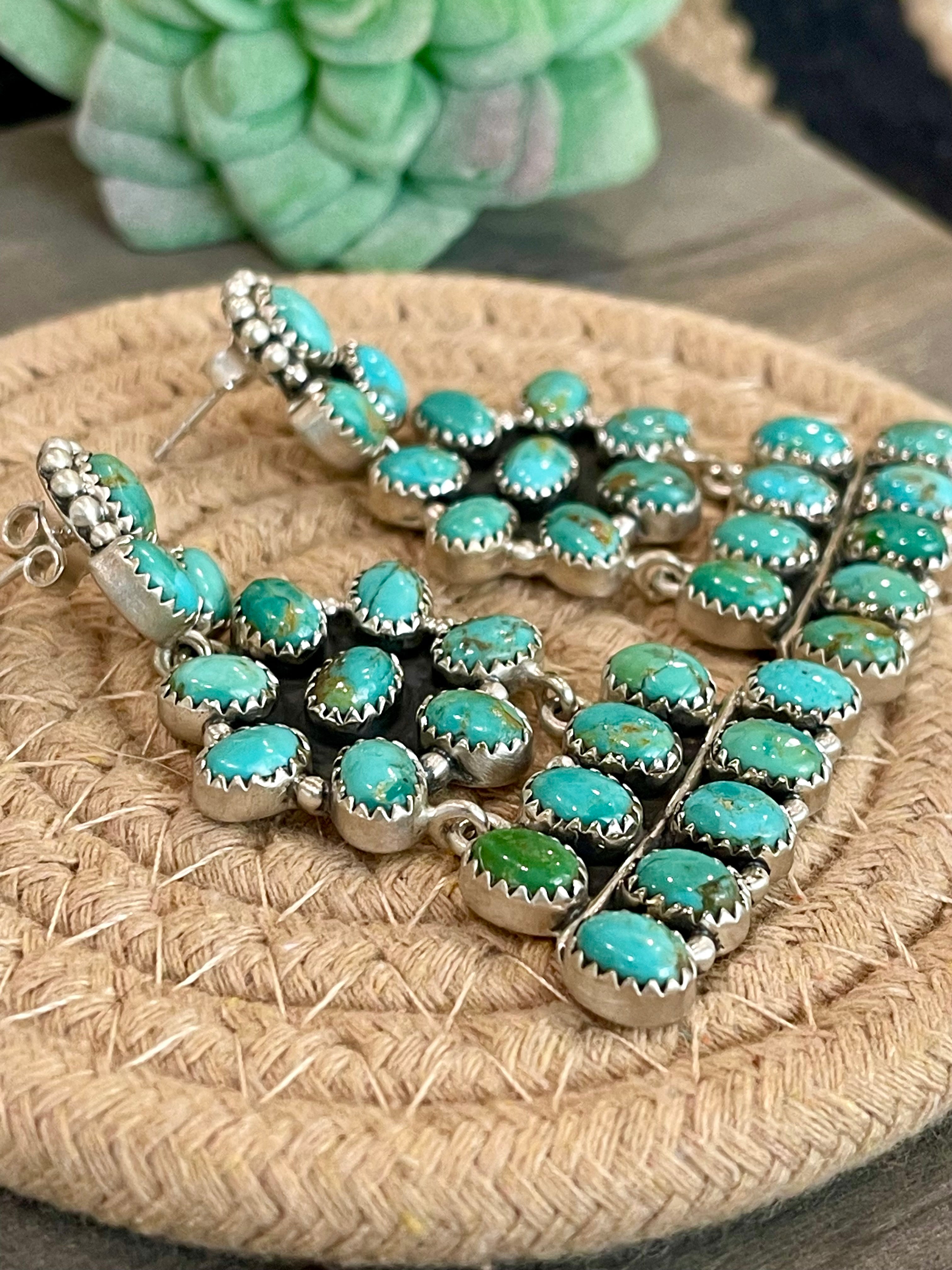 Handmade Turquoise & Sterling Silver Post Dangle Cluster Earrings