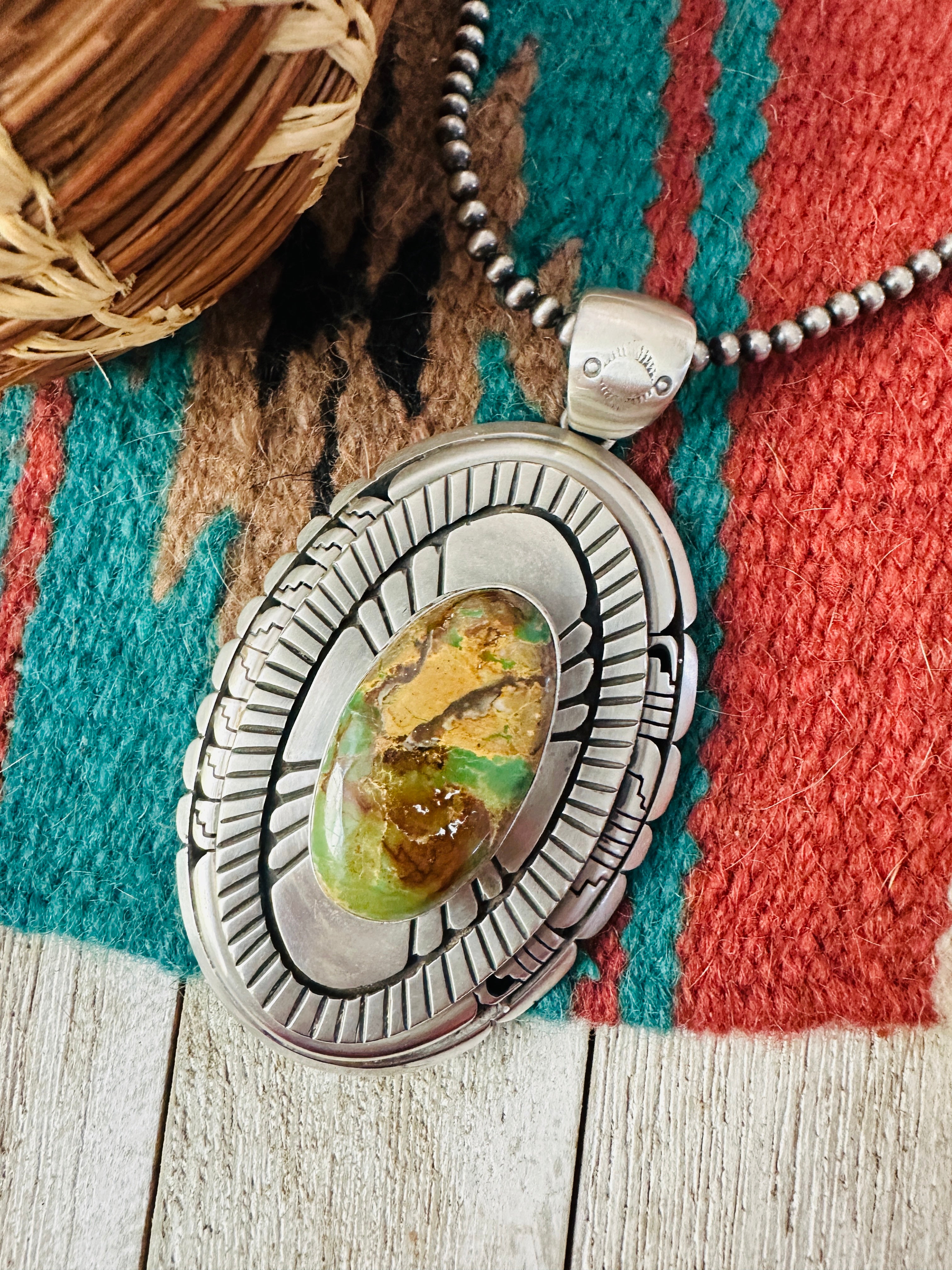 Handcrafted Ribbon Turquoise &  Sterling Silver Pendant, Signed LK