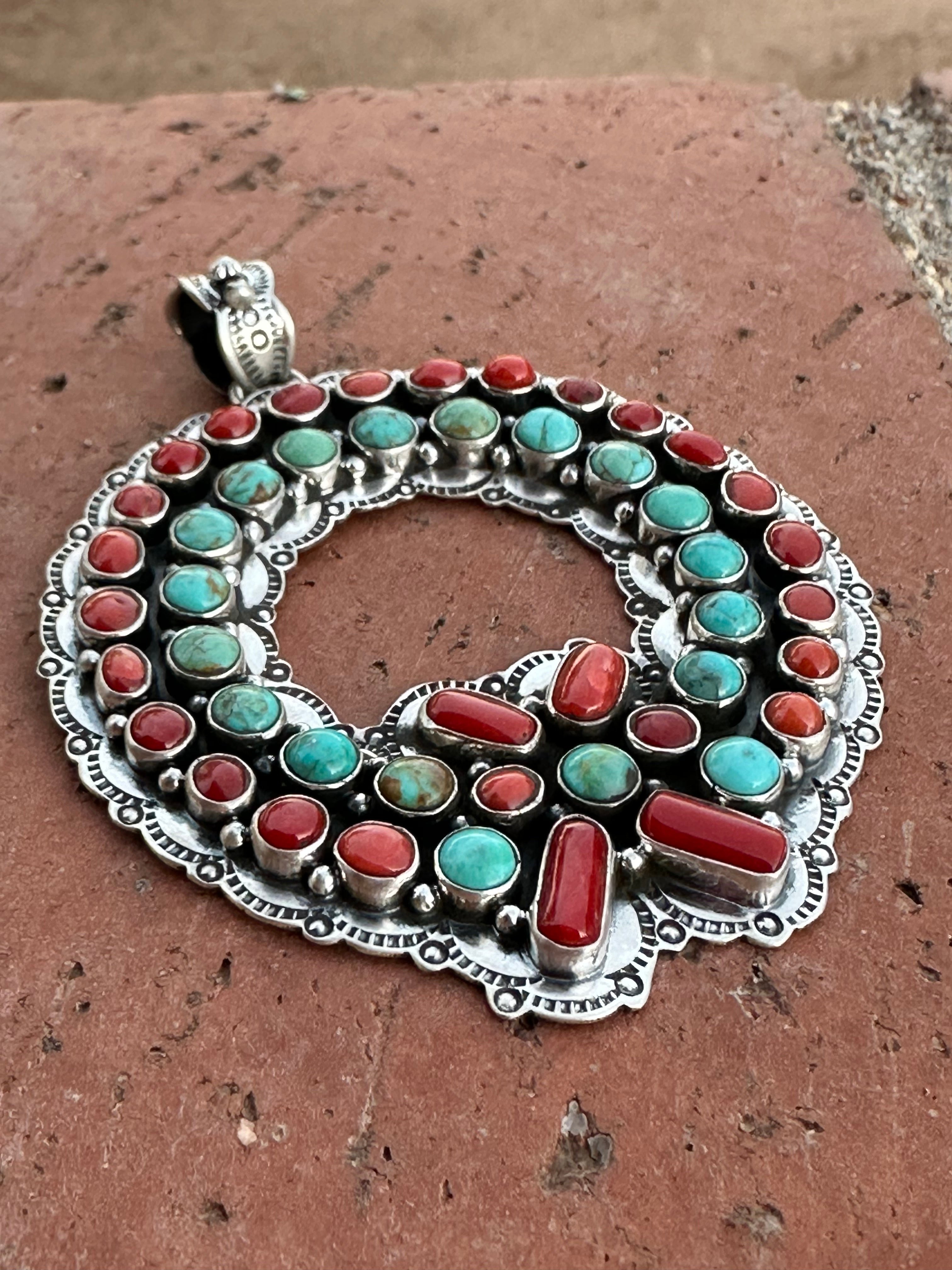 Handmade Sterling Silver, Coral & Kingman Turquoise Christmas Wreath Pendant