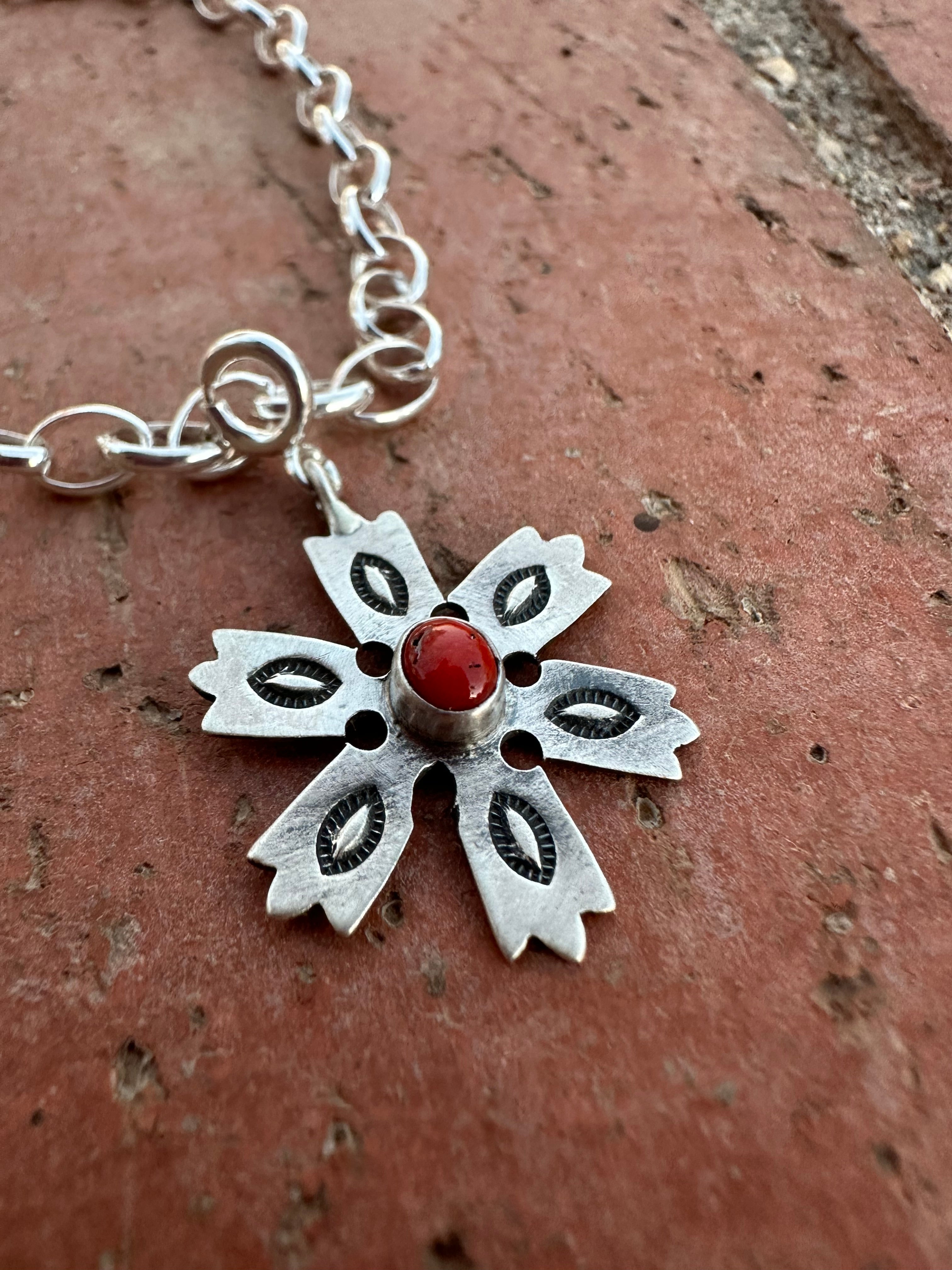 Handmade Sterling Silver and Coral CHRISTMAS SNOWFLAKE Charm