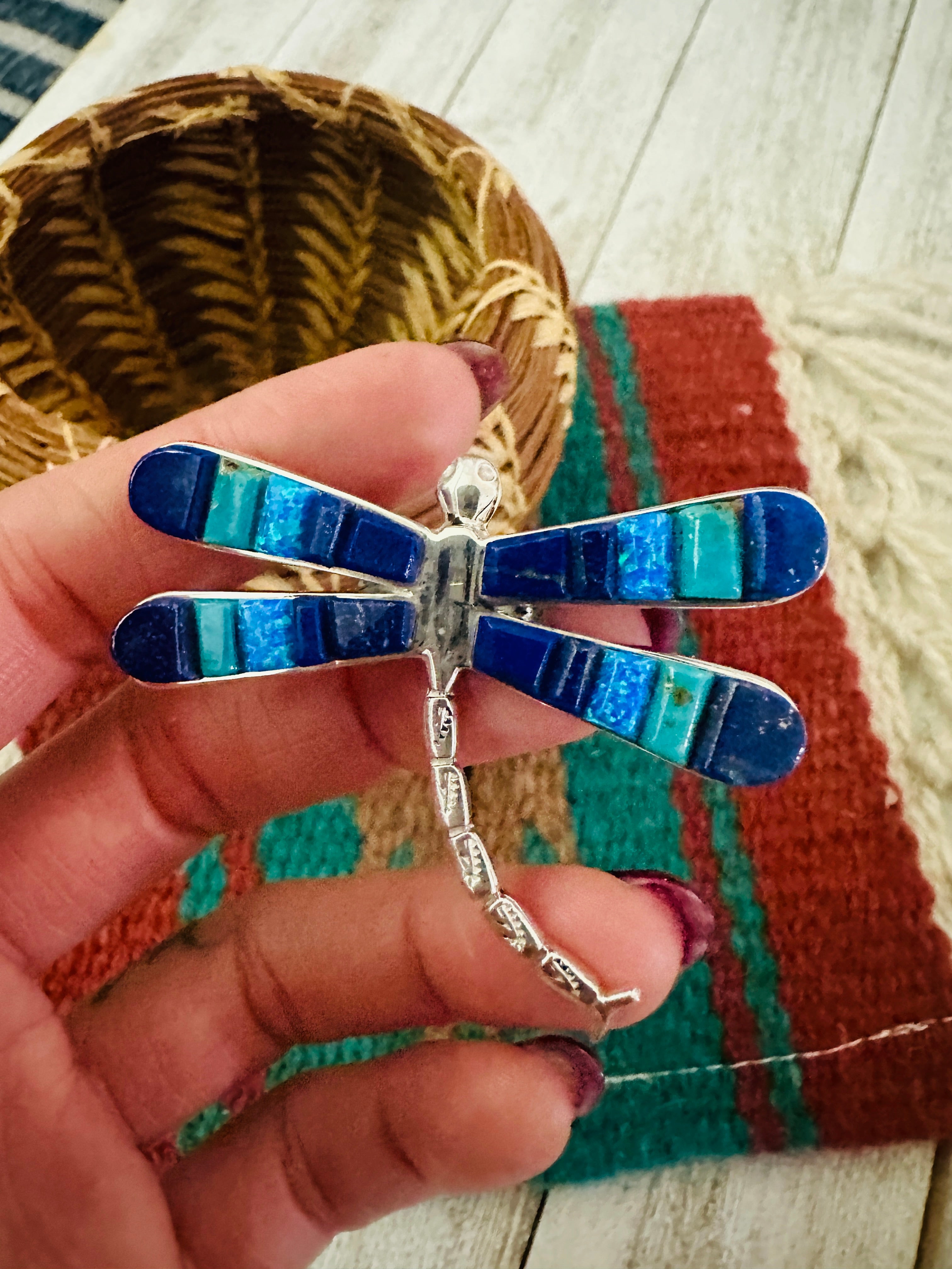 Navajo Sterling Silver and Multi Stone Inlay Dragonfly Brooch