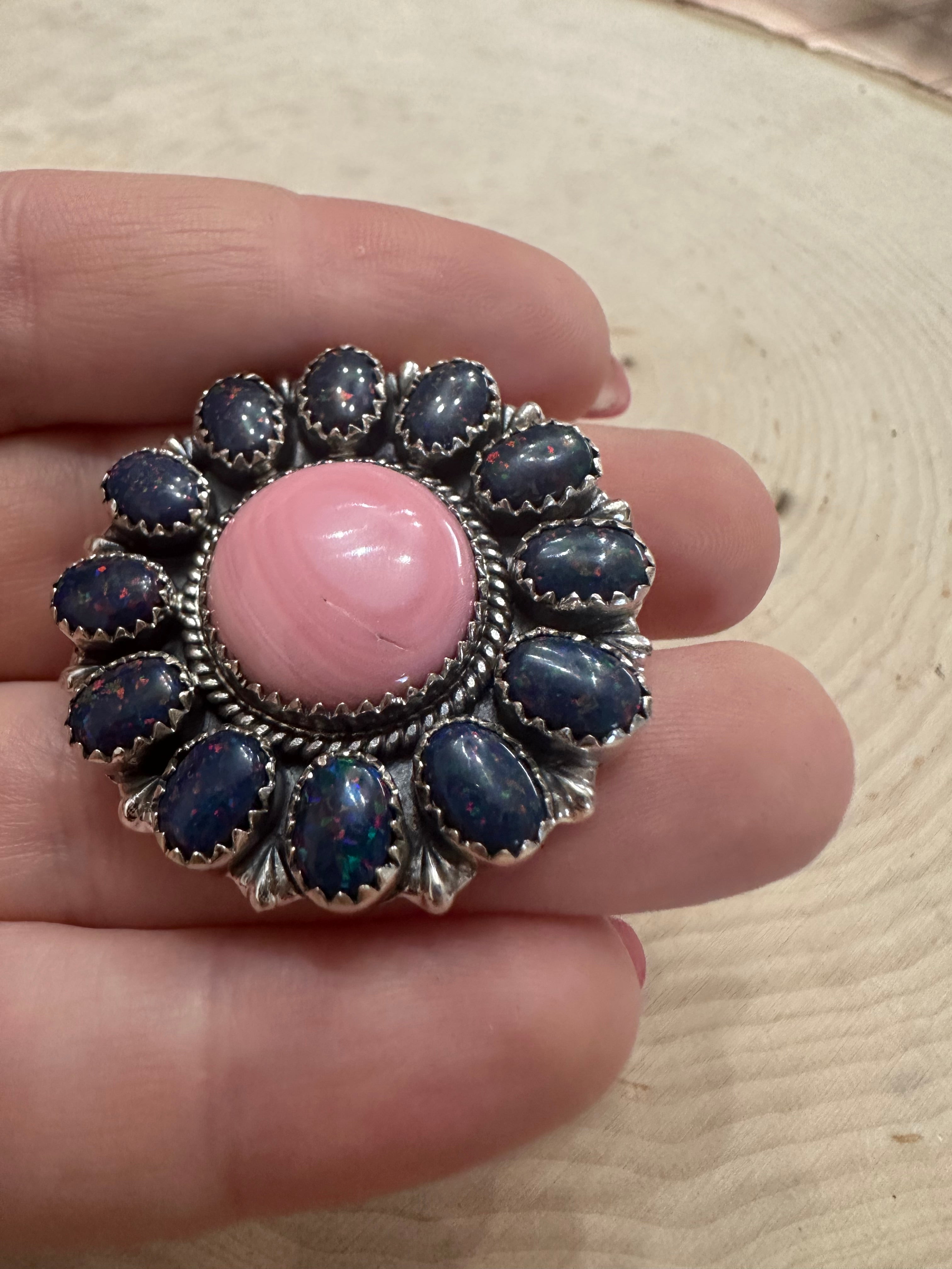 Handmade Pink Conch, Navy Fire Opal And Sterling Silver Adjustable Ring Signed Nizhoni